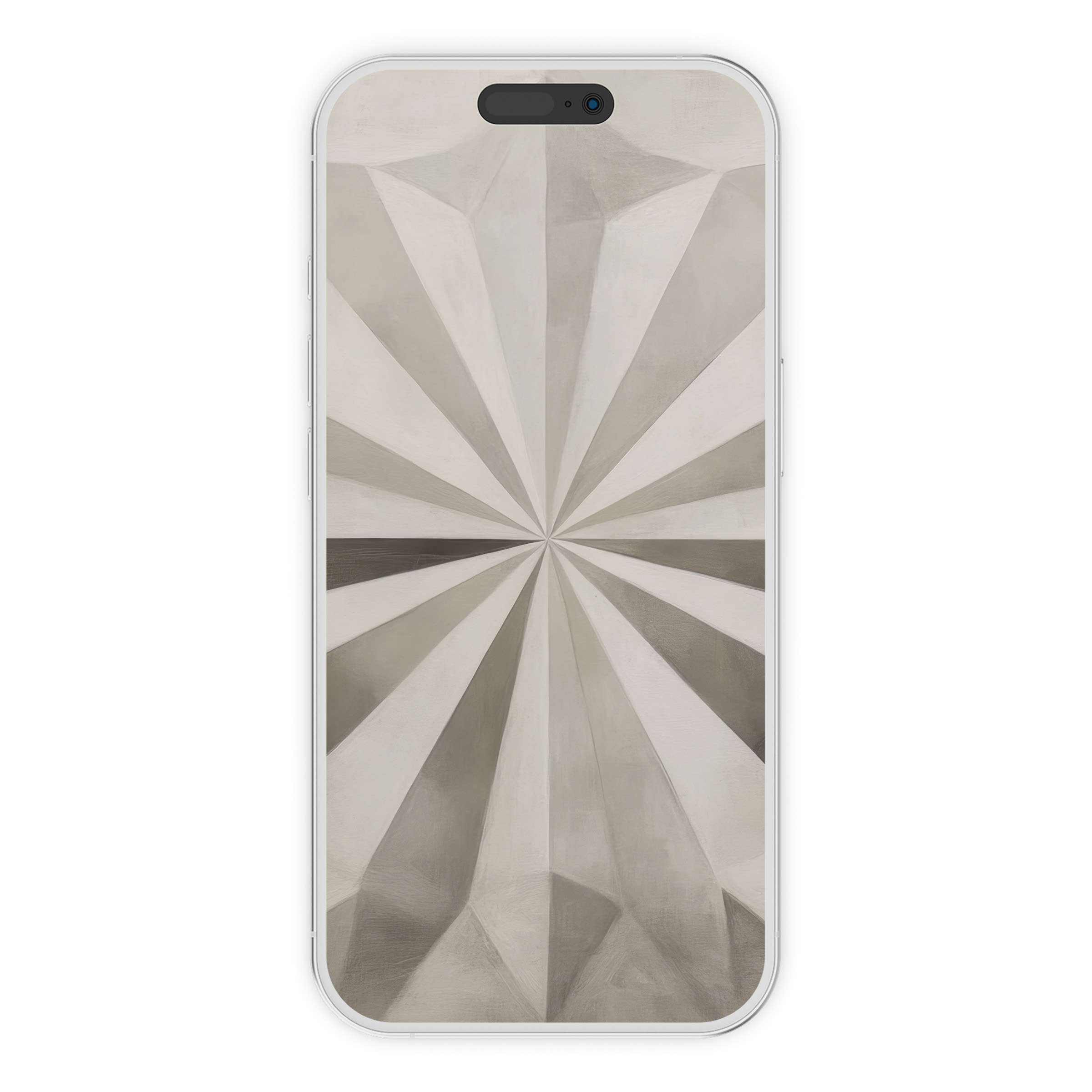 Neutral iPhone wallpaper featuring geometric gray and white radial design, perfect phone background digital download for elegance and calm