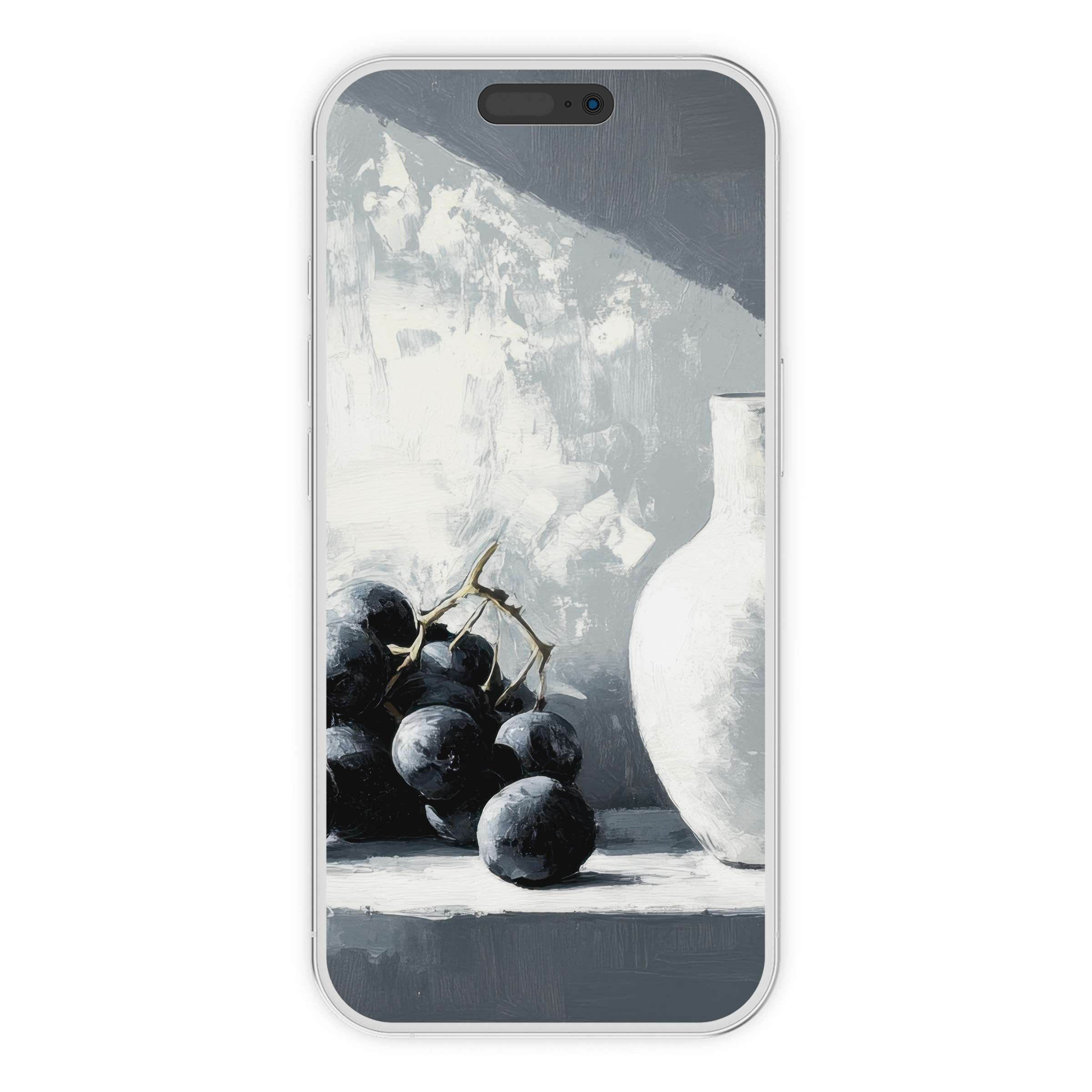 Neutral iPhone wallpaper featuring elegant still life with grapes and vase, offering a calming digital download phone background for design lovers