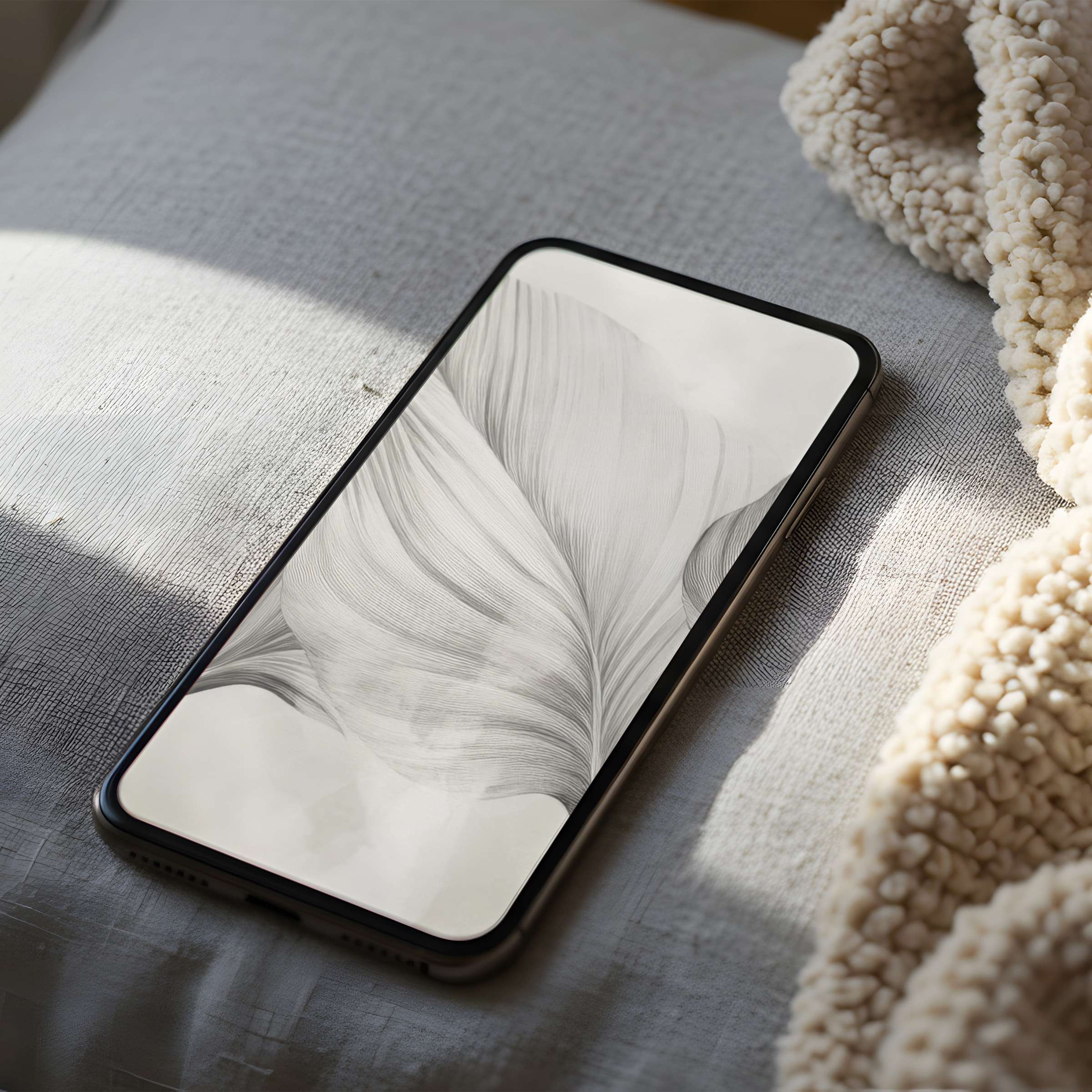 Elegant phone wallpaper featuring a high-resolution grayscale feather motif, perfect for iPhone and Android devices, enhances tranquility and style