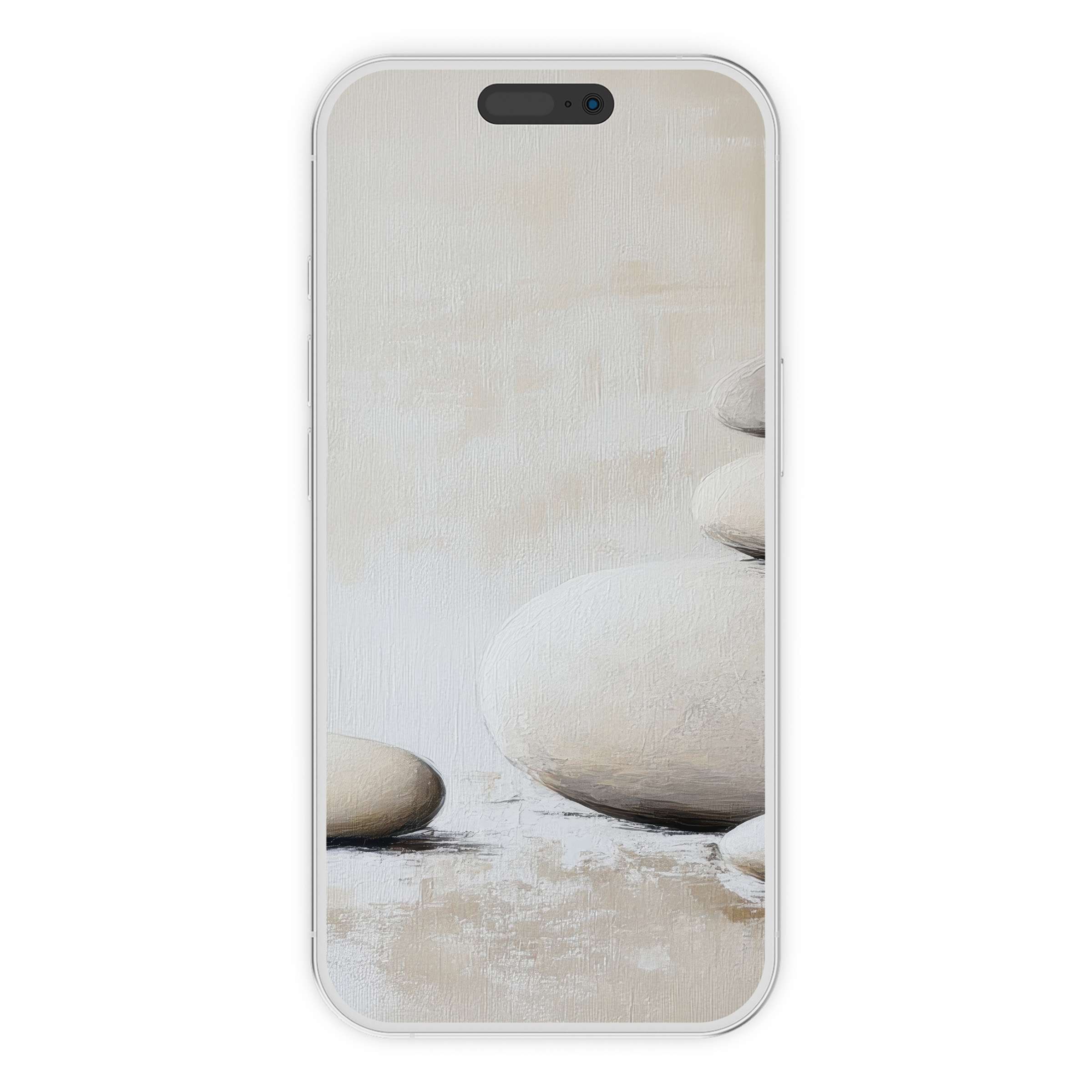 Neutral iPhone wallpaper featuring zen stones on a textured beige background, ideal digital download for elegant phone aesthetics