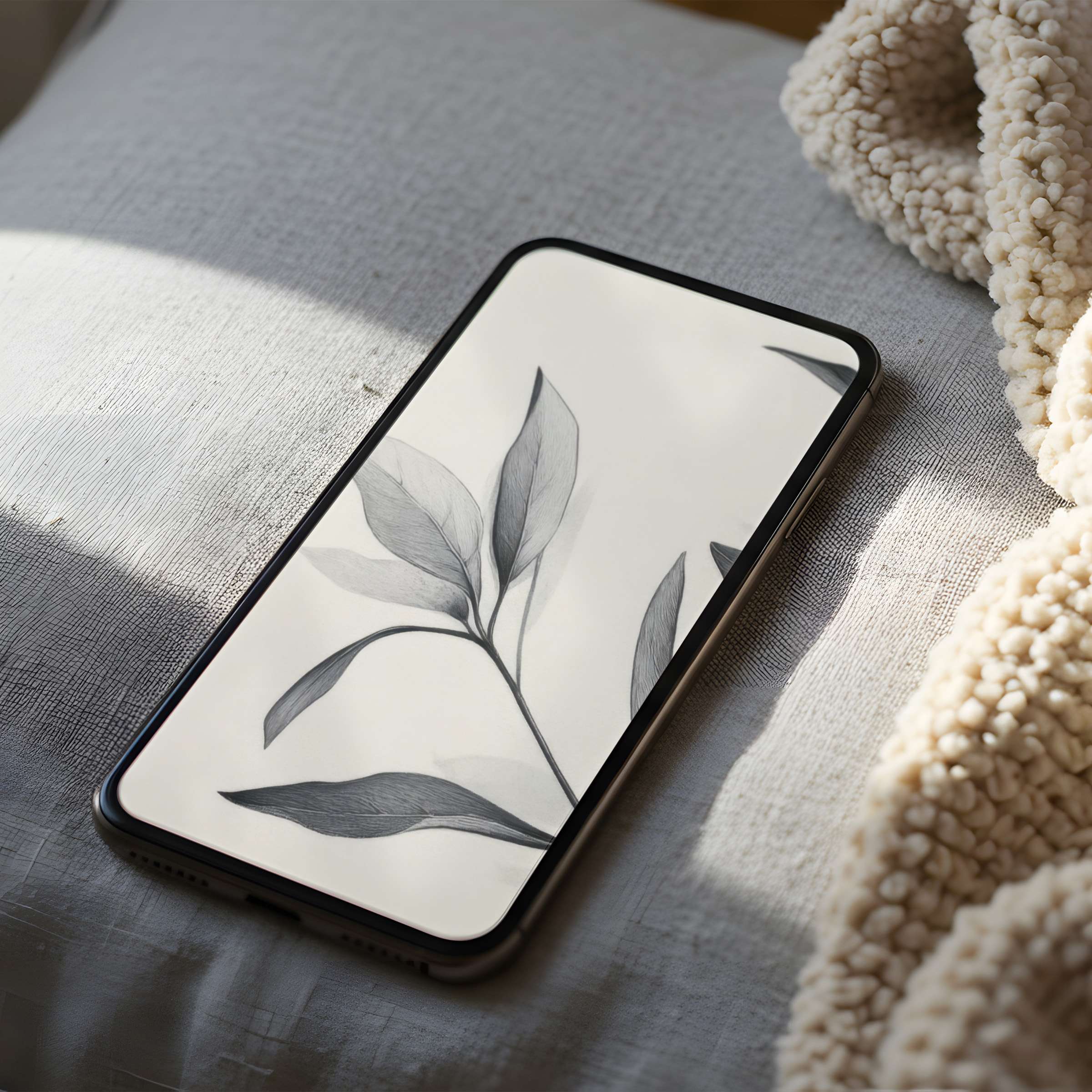 Elegant phone wallpaper showcasing minimalist botanical design in grayscale, perfect for iPhone, high resolution, digital download lovers