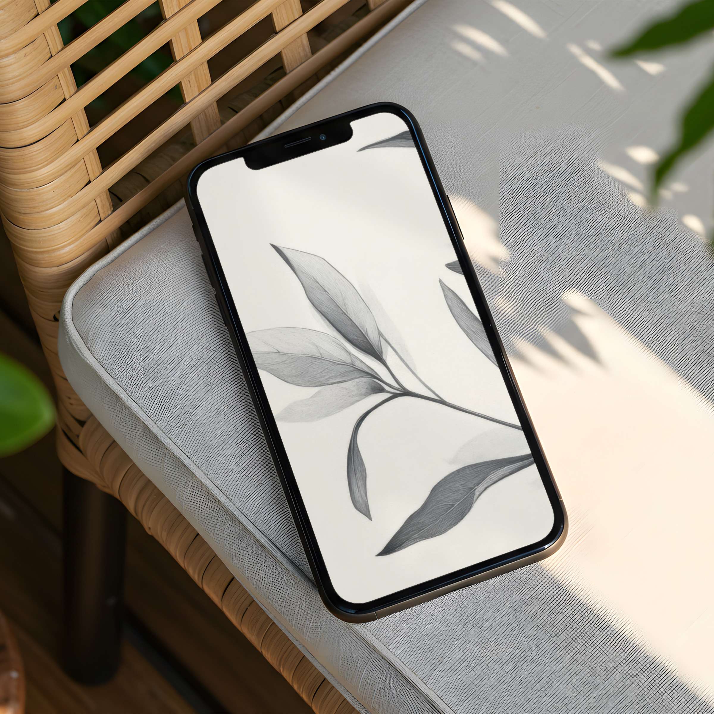 Elegant iPhone background features minimalist leaf art, creating a calm and inspiring phone experience with instant download available