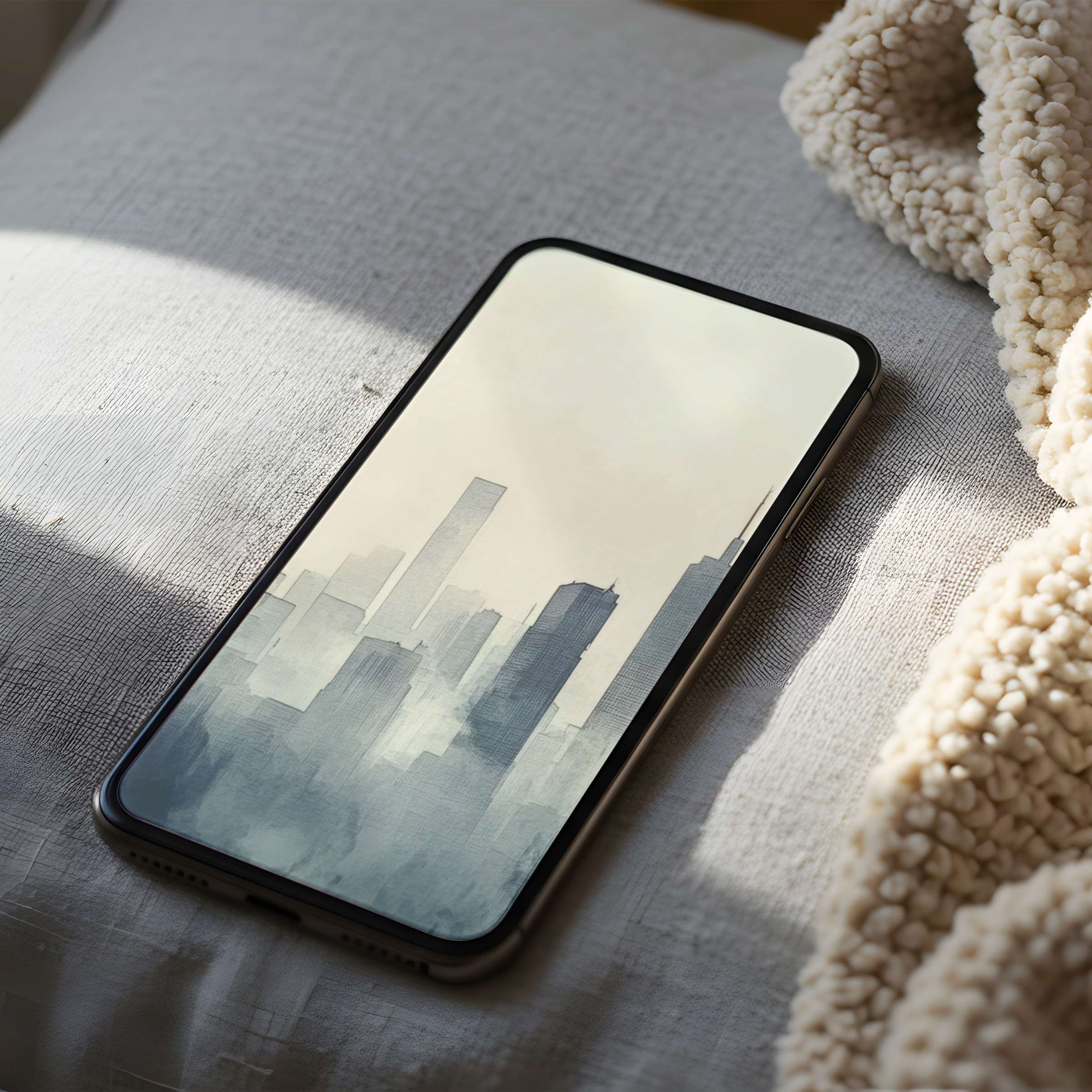 Elegant cityscape phone wallpaper in soft neutral tones, perfect for iPhone and Android users seeking calm and high-resolution artistry