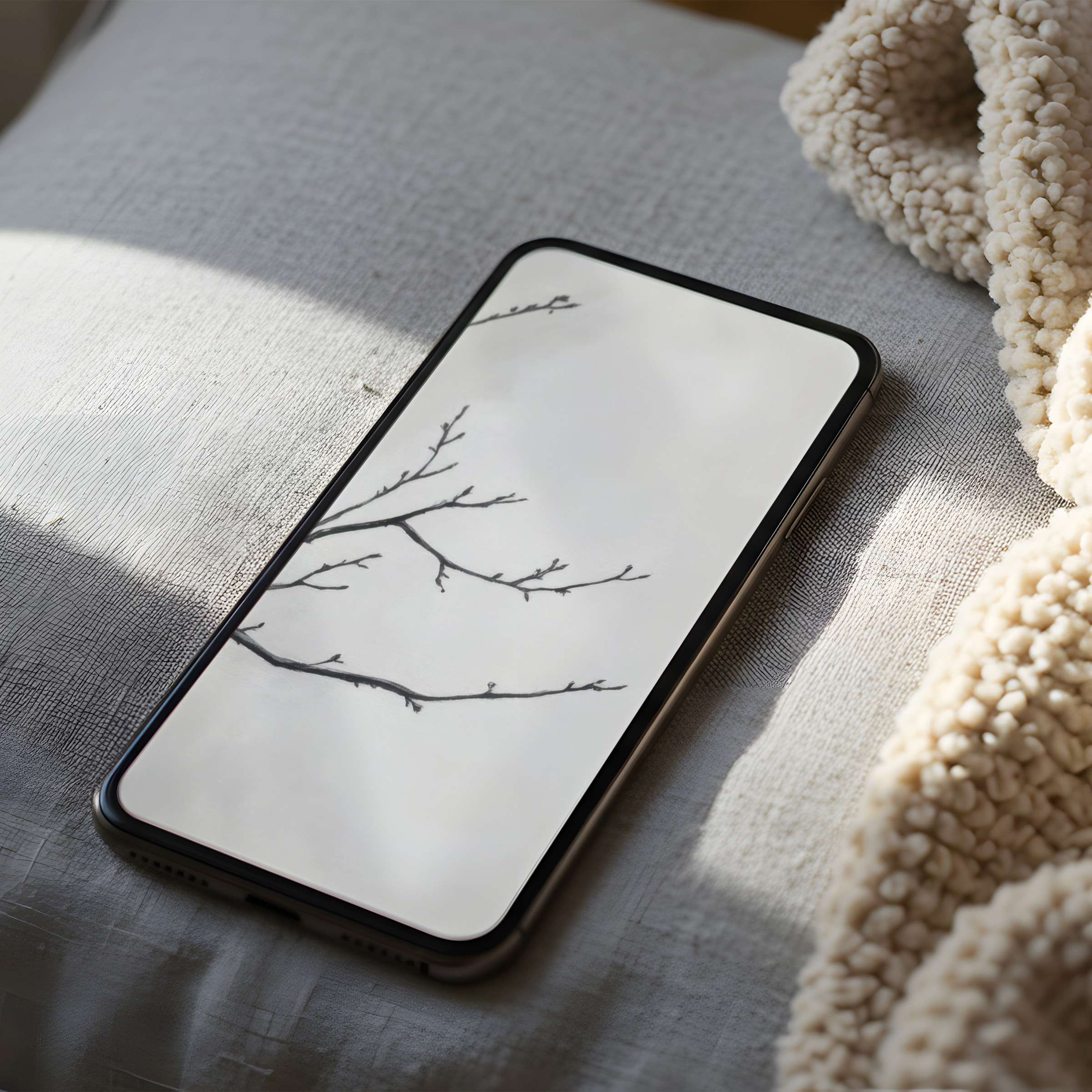 Calming black and white branch motif phone wallpaper in high resolution on iPhone resting on soft fabric, perfect for serene daily use