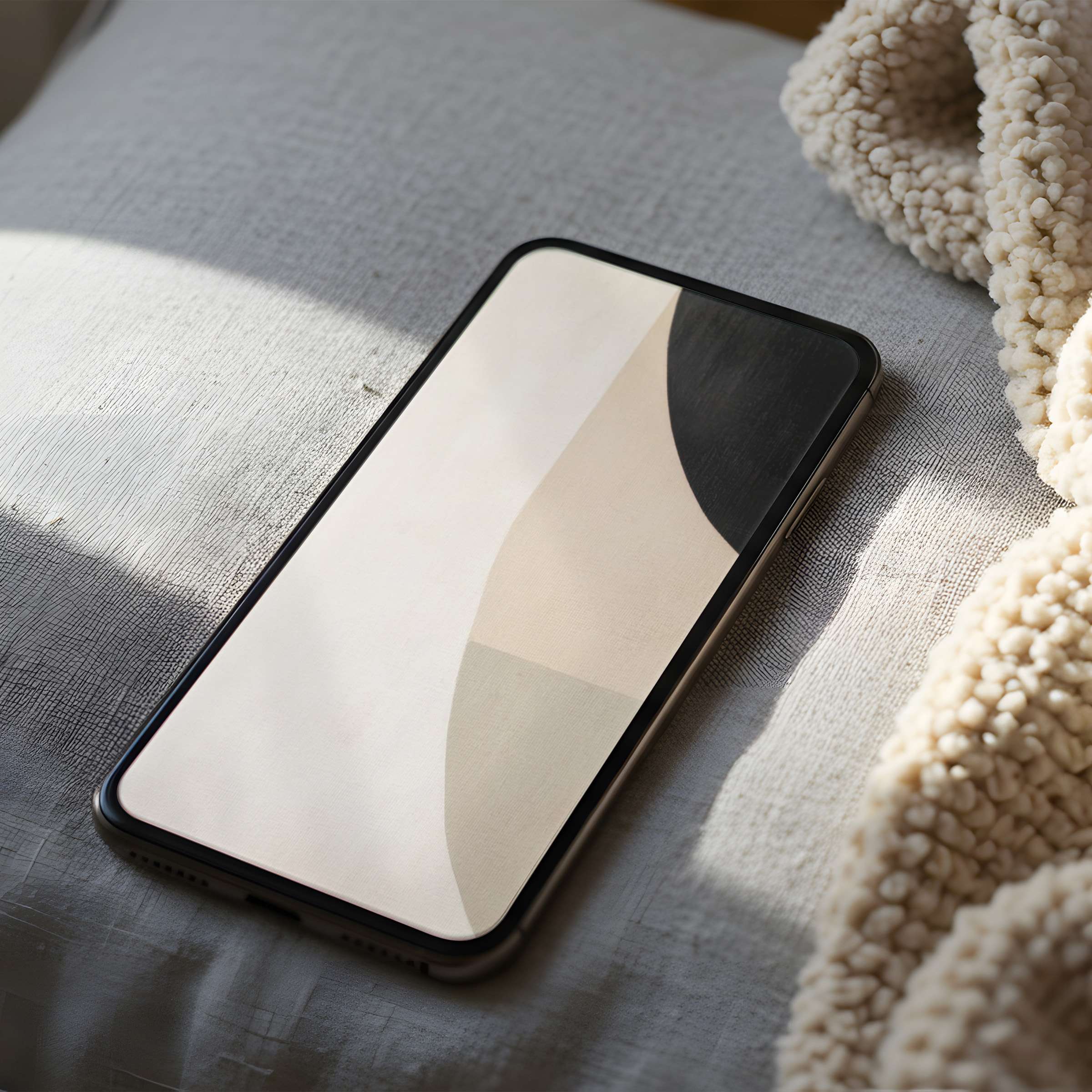 Elegant abstract phone wallpaper with soft beige and black curves, perfect as a high-resolution digital download for all devices
