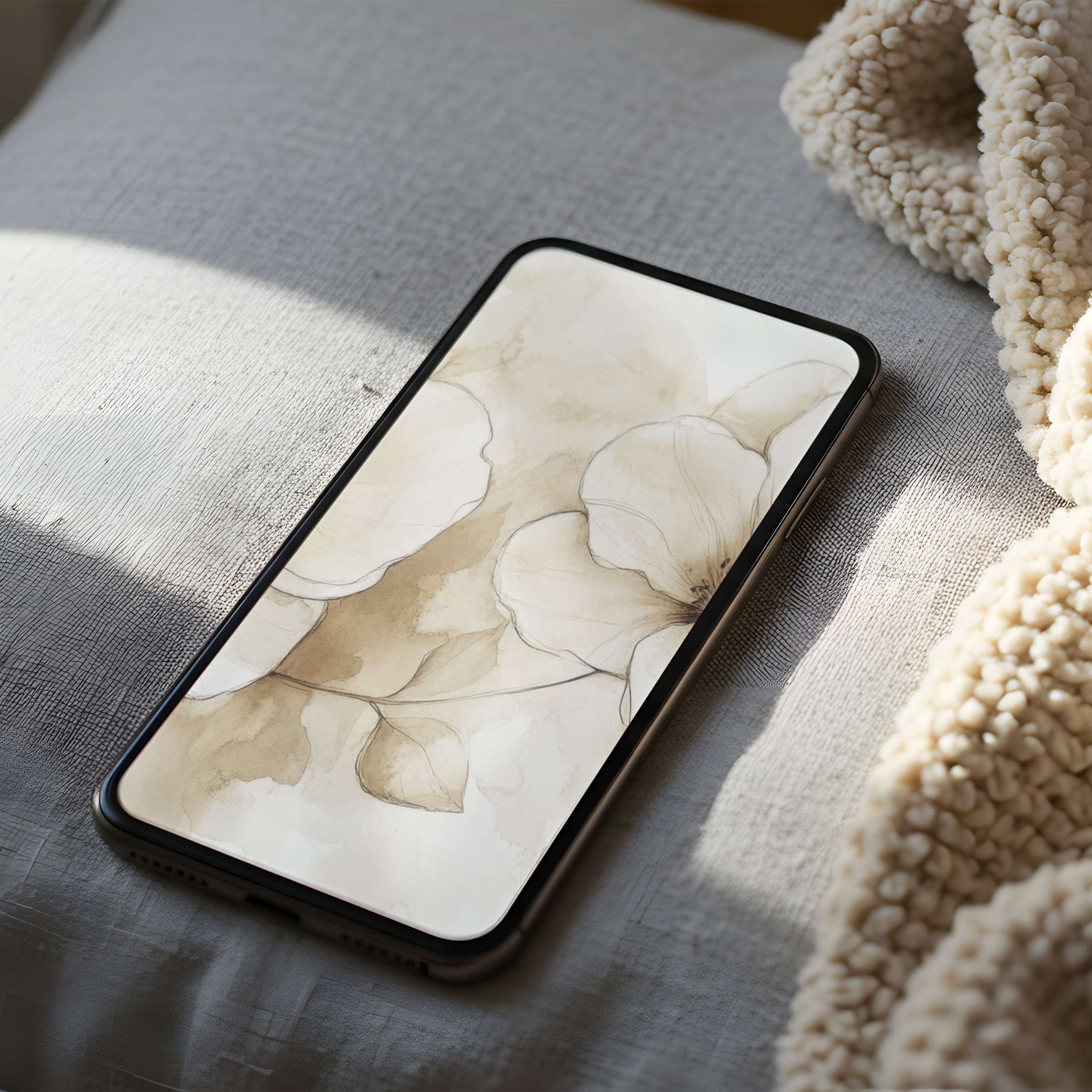 Elegant beige floral phone wallpaper in high resolution, perfect for iPhone and Android, enhances calmness and style, digital download