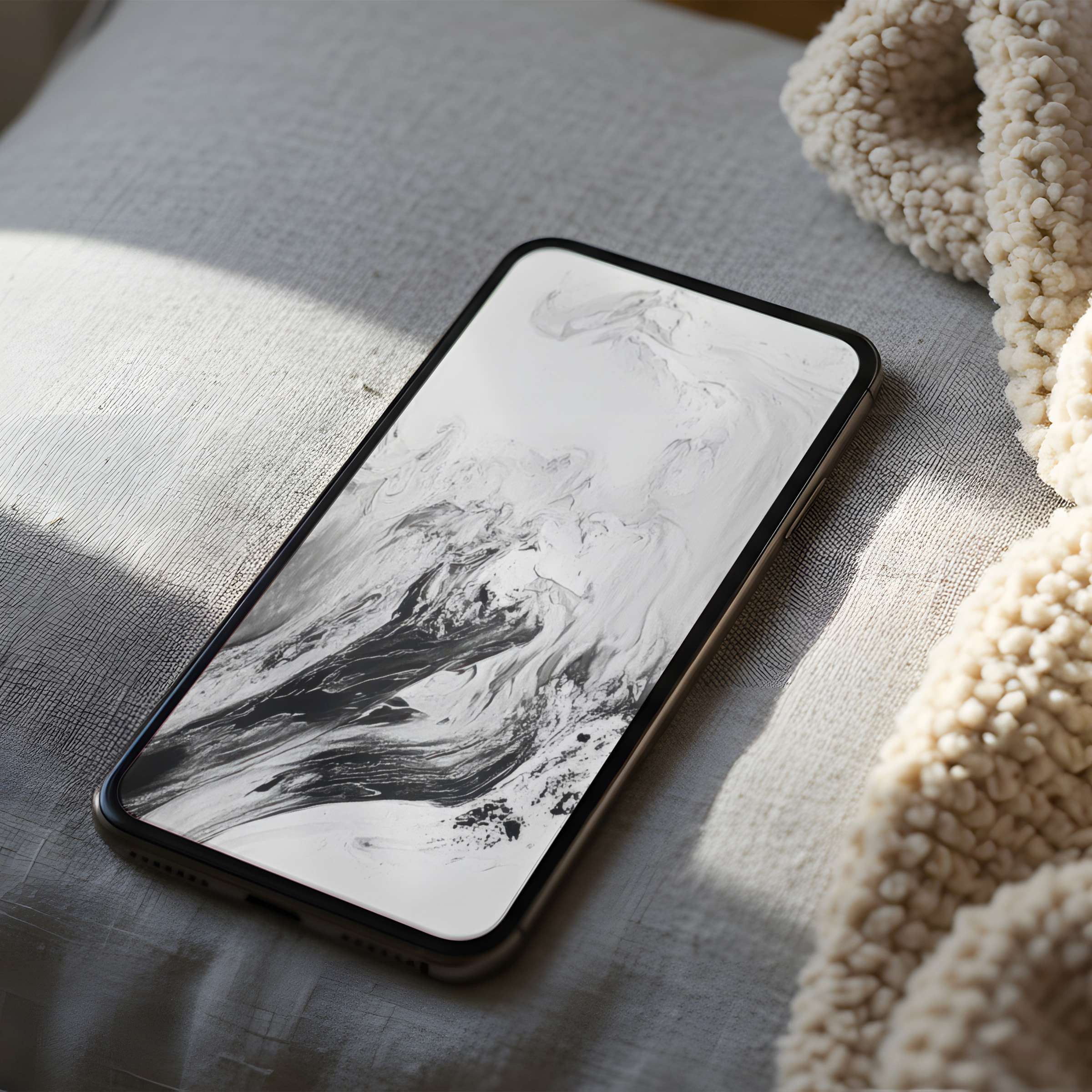 Elegant black and white abstract phone wallpaper offers serene sophistication for iPhone or Android, ideal for digital download