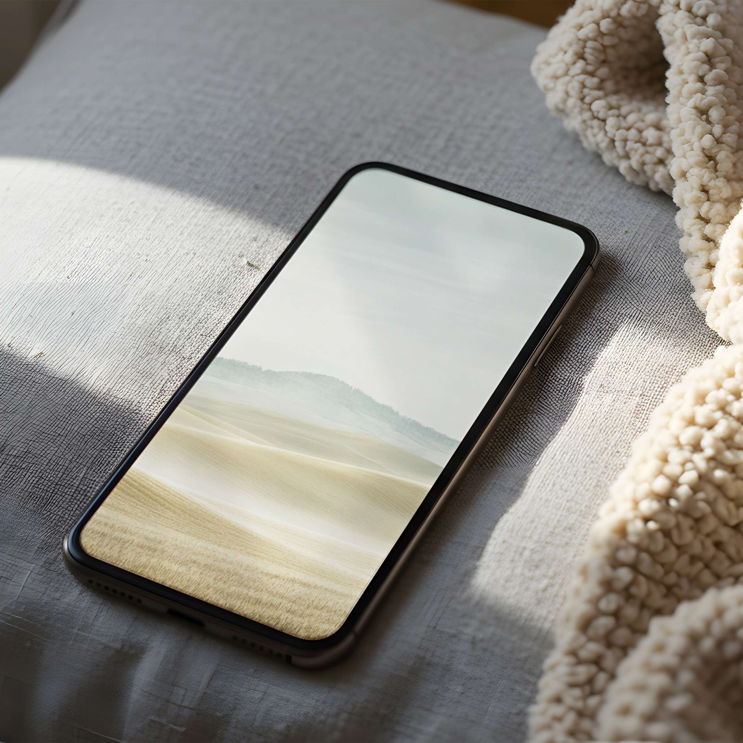 Elegant phone wallpaper showcasing calming beige dunes under a misty sky on soft fabric, ideal high-resolution digital download for iPhone and android