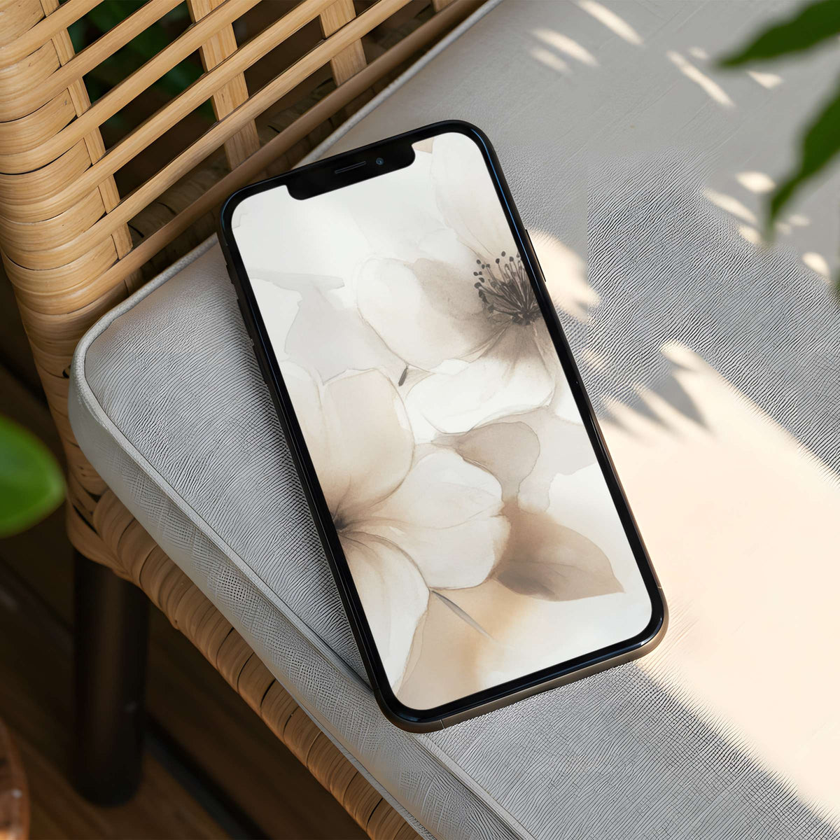 Elegant floral iPhone background exudes calm and inspiration with soft beige tones, perfect for your phone as an instant download