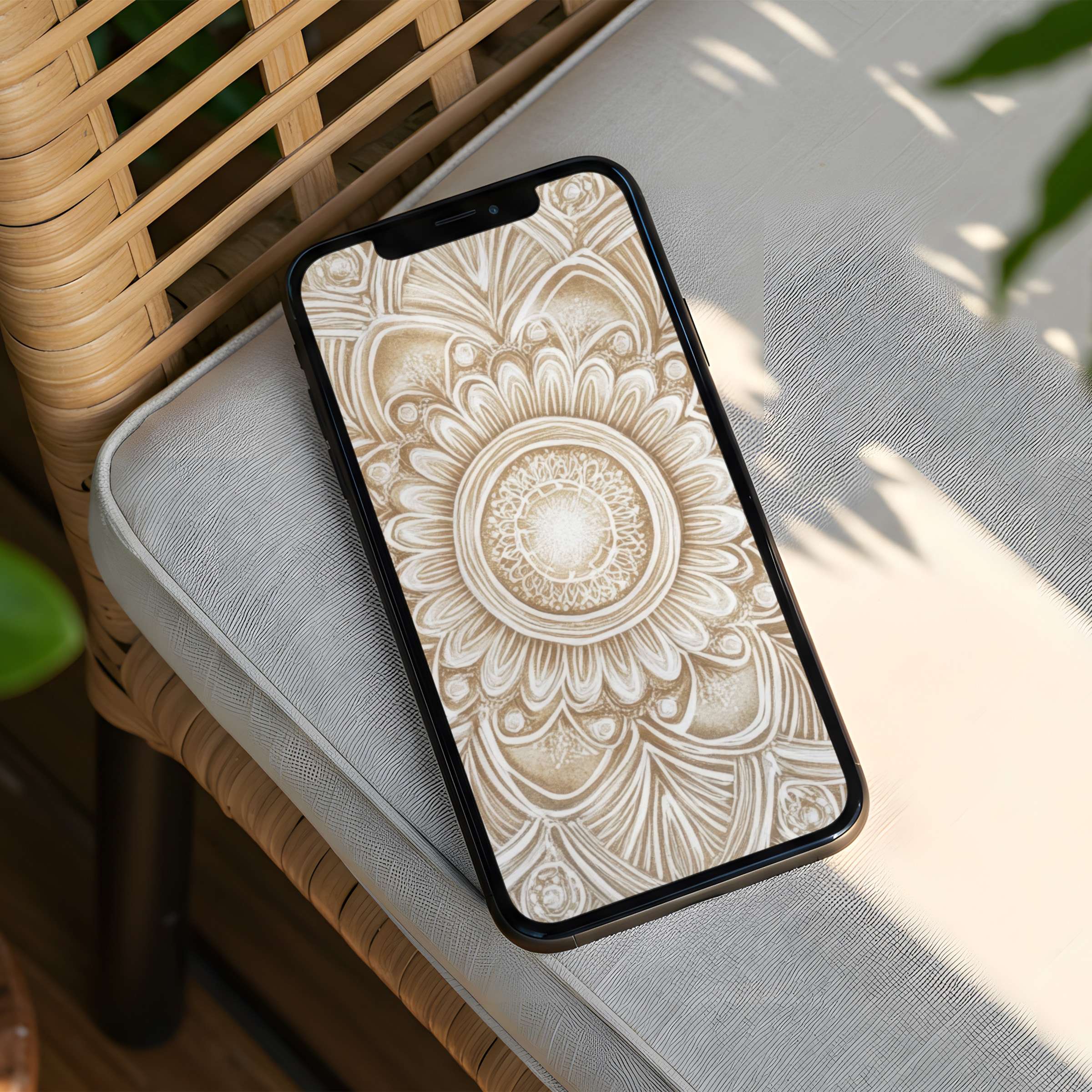 Elegant mandala in soft beige tones as an iPhone background offers calm inspiration, fits any phone with instant download
