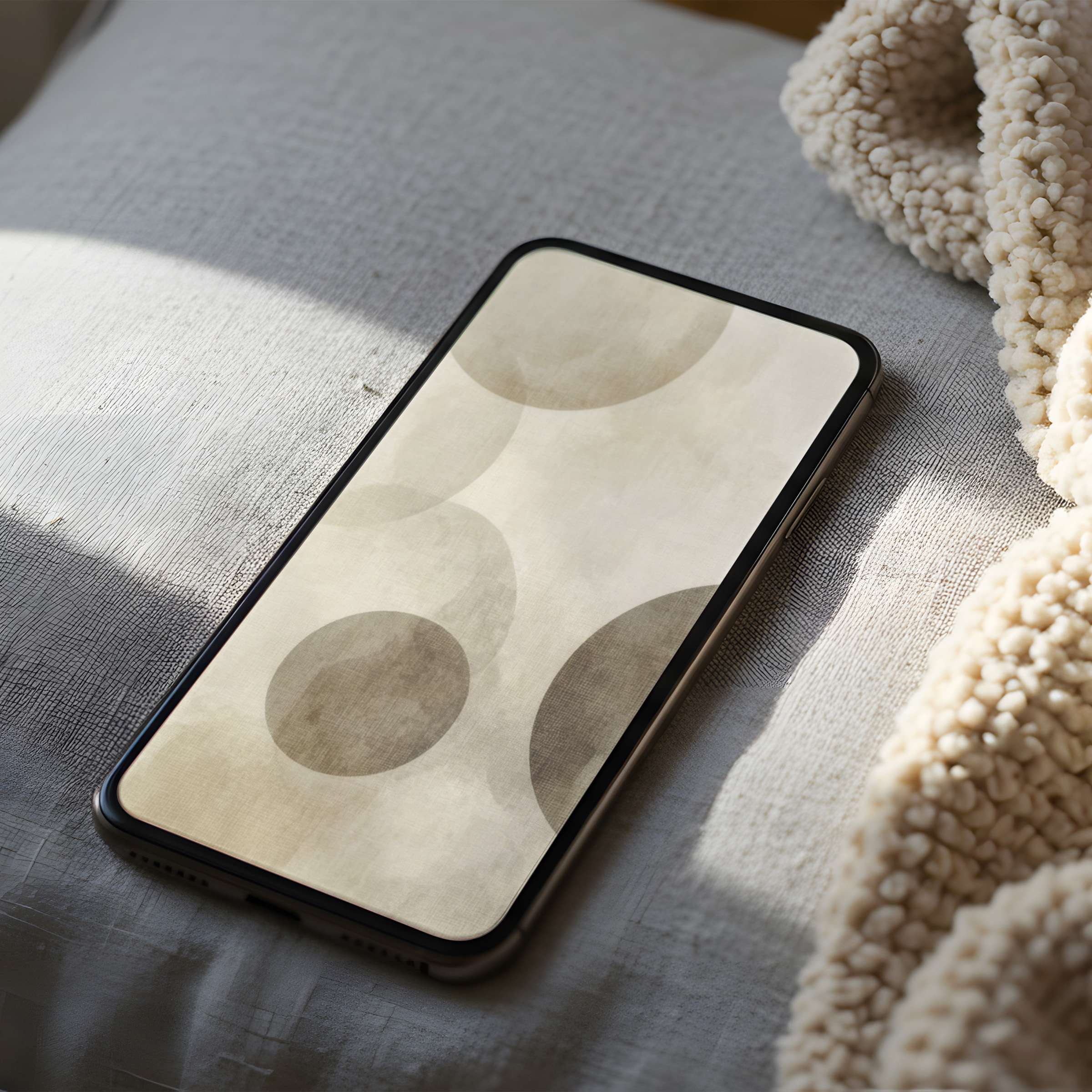 Elegant abstract phone wallpaper featuring soft beige circles, ideal for iPhone and android users seeking calm, high-resolution digital downloads