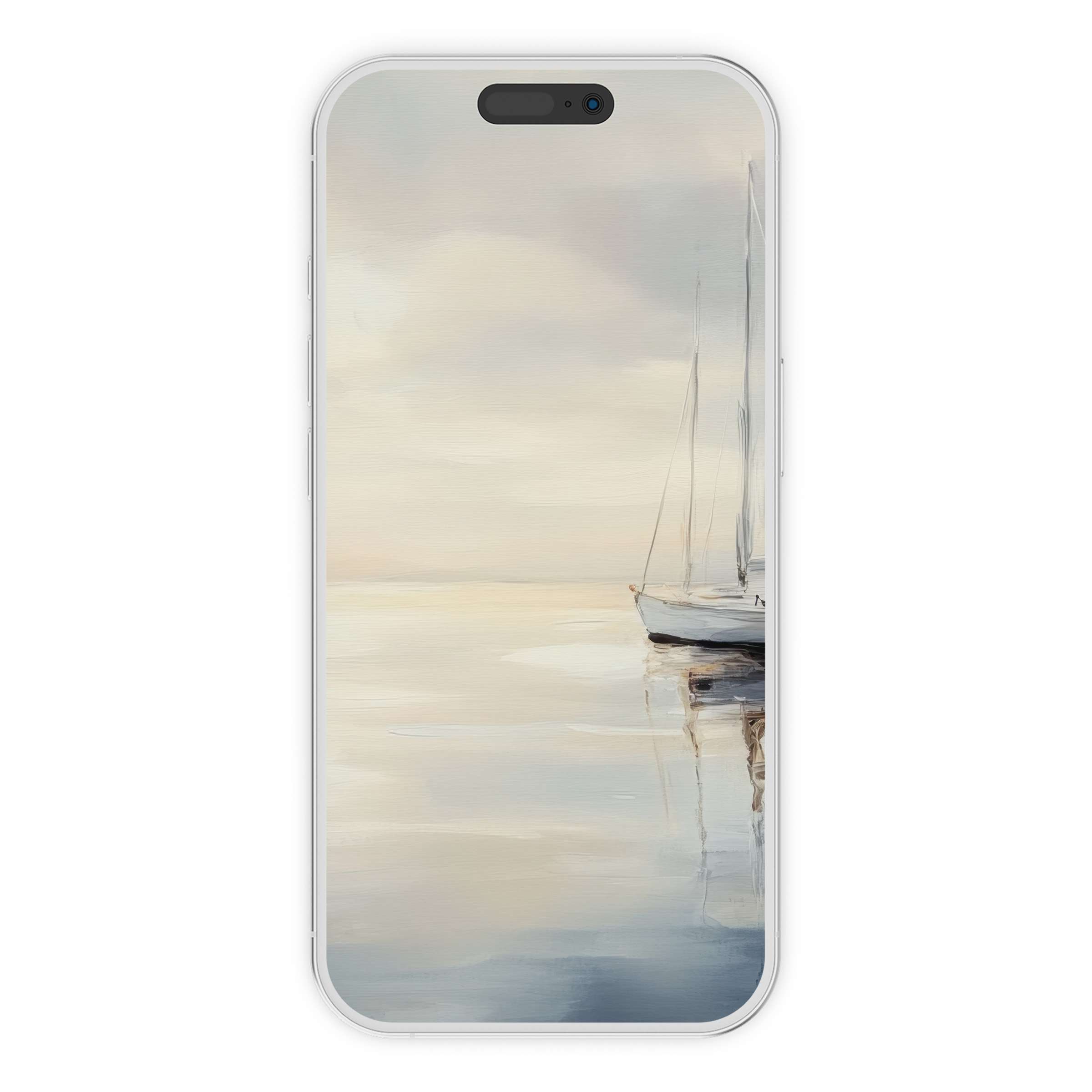 Neutral iPhone wallpaper featuring a serene, misty seascape with sailboats, offering an elegant digital download for phone background lovers