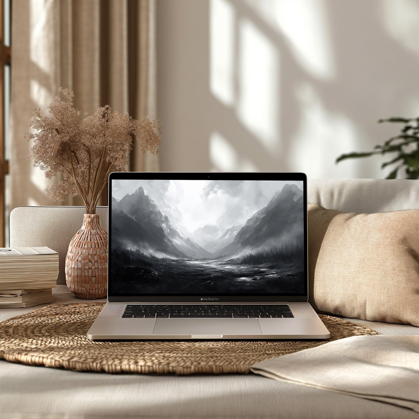 Neutral desktop wallpaper featuring a black and white mountain landscape - a minimalist digital art design that brings depth, calm, and timeless sophistication to your workspace