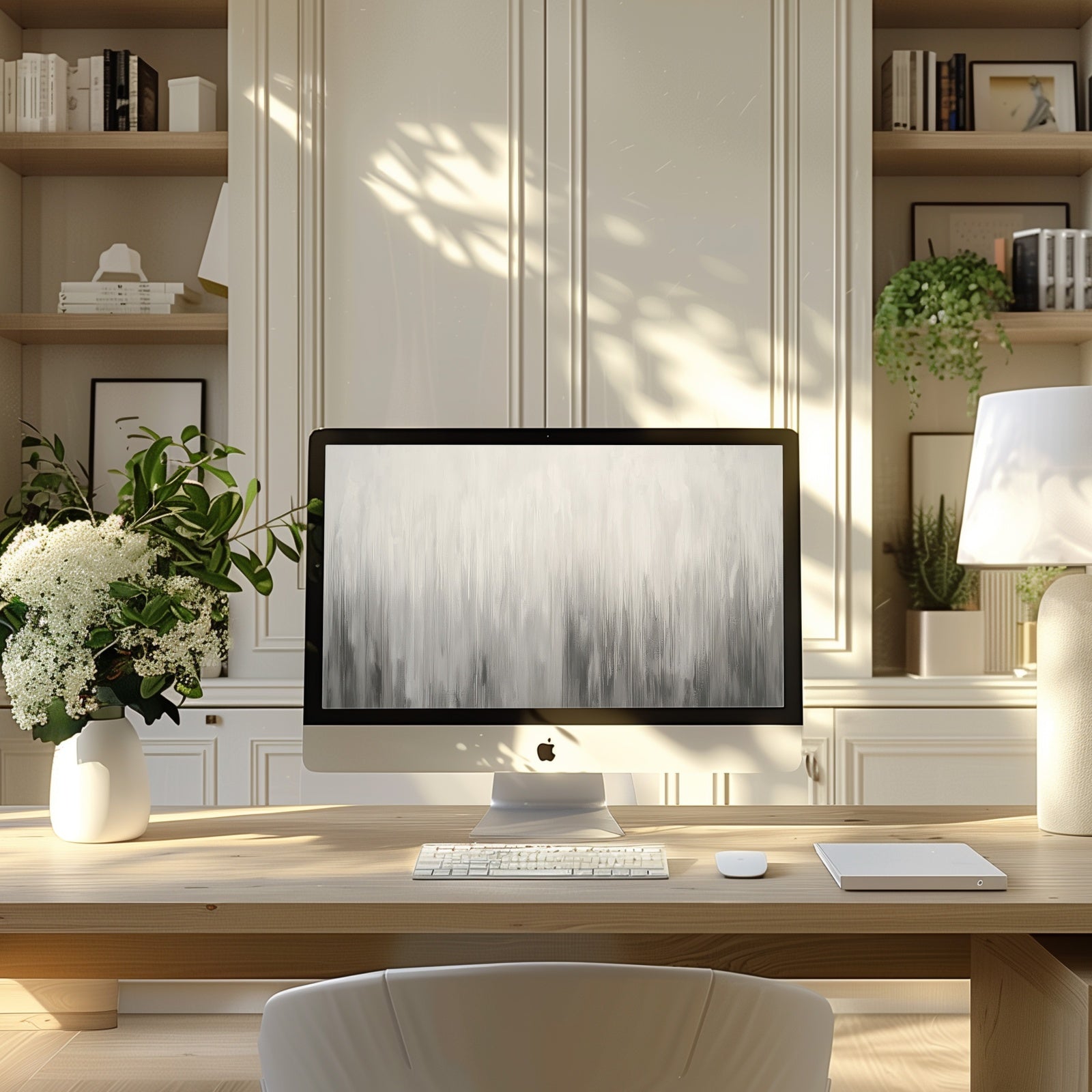 Neutral desktop wallpaper featuring soft gradient brushstrokes in shades of white, gray, and black - a minimalist abstract design that adds calm sophistication and balance to any workspace