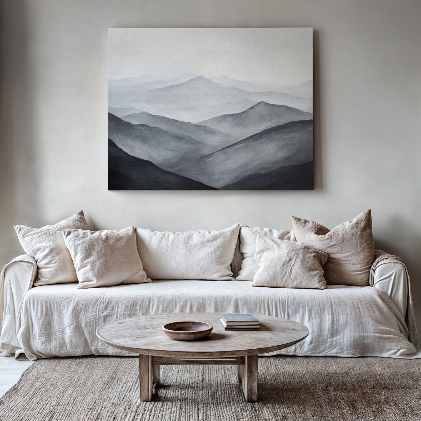 Neutral toned mountain landscape printable wall art displayed above a minimalist beige sofa, featuring soft layered hills and a calming serene atmosphere for modern intentional home decor