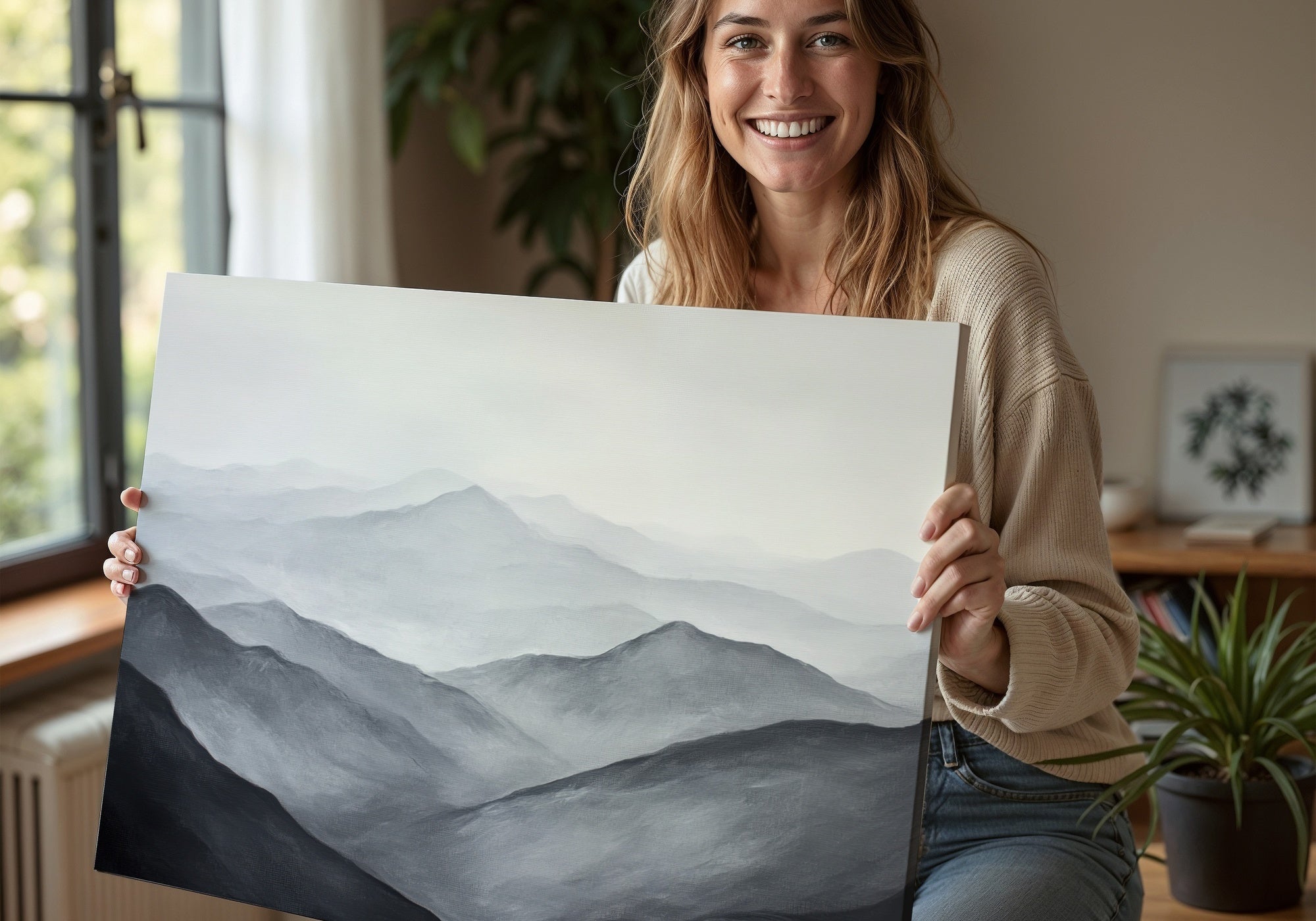 Neutral digital wall art print depicting layered gray mountains fading into mist - a minimalist and calming landscape artwork that evokes tranquility and modern sophistication, perfect for contemporary interiors
