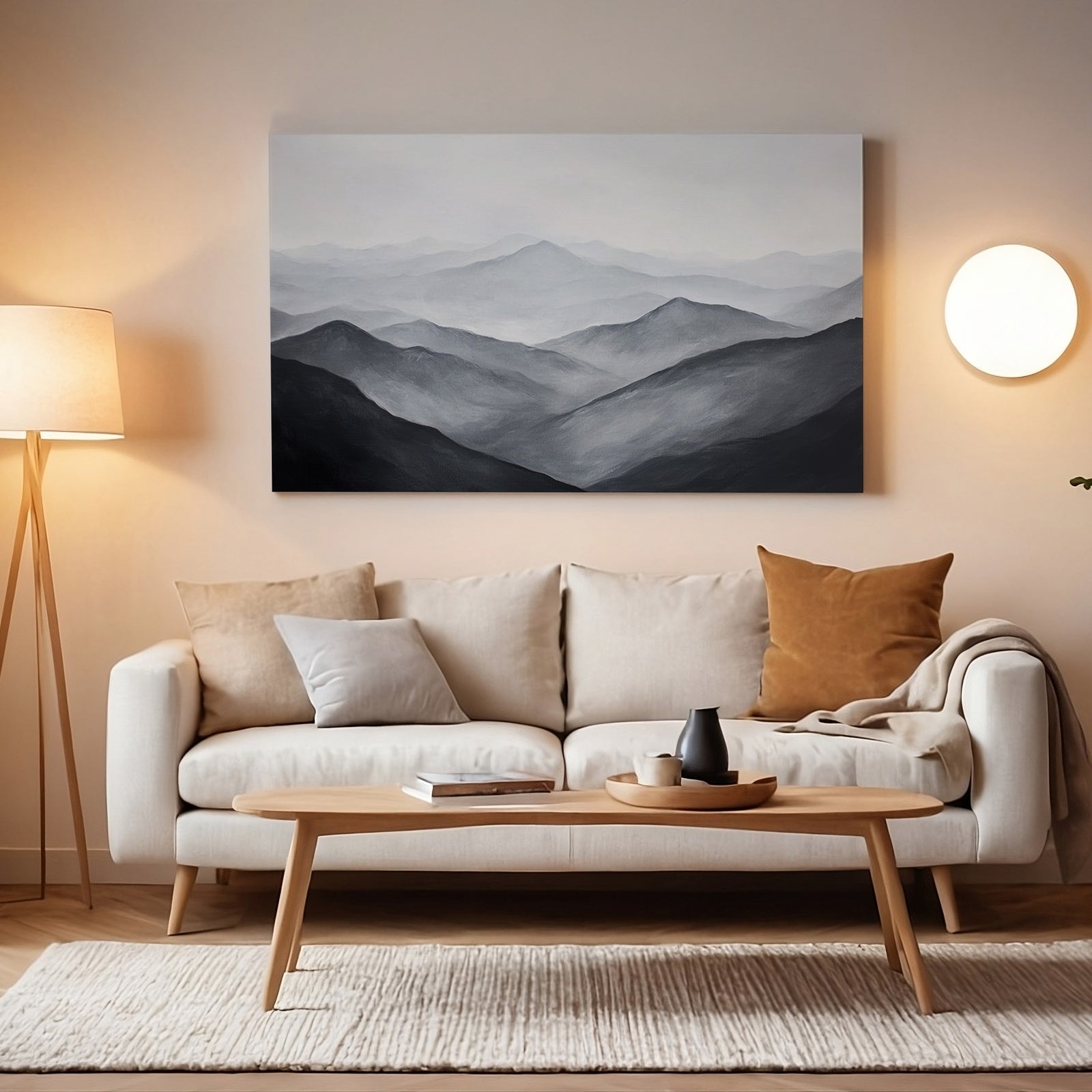 Neutral Digital Print with black and white mountains in a minimalist living room