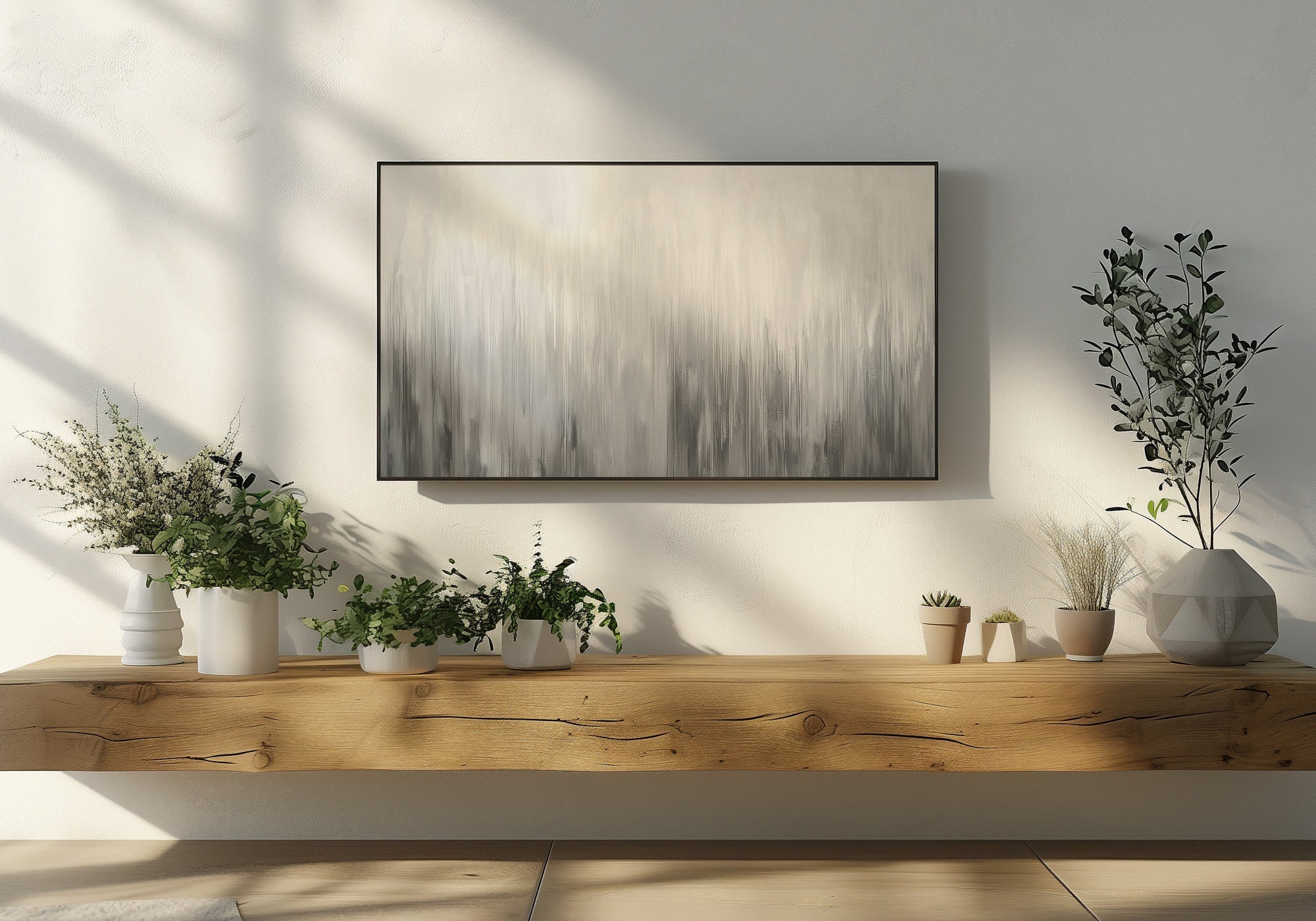 Neutral abstract Frame TV Art featuring soft beige and gray tones with vertical brush textures - a minimalist digital artwork for Samsung Frame TV that brings warmth, balance, and timeless sophistication to any modern living space