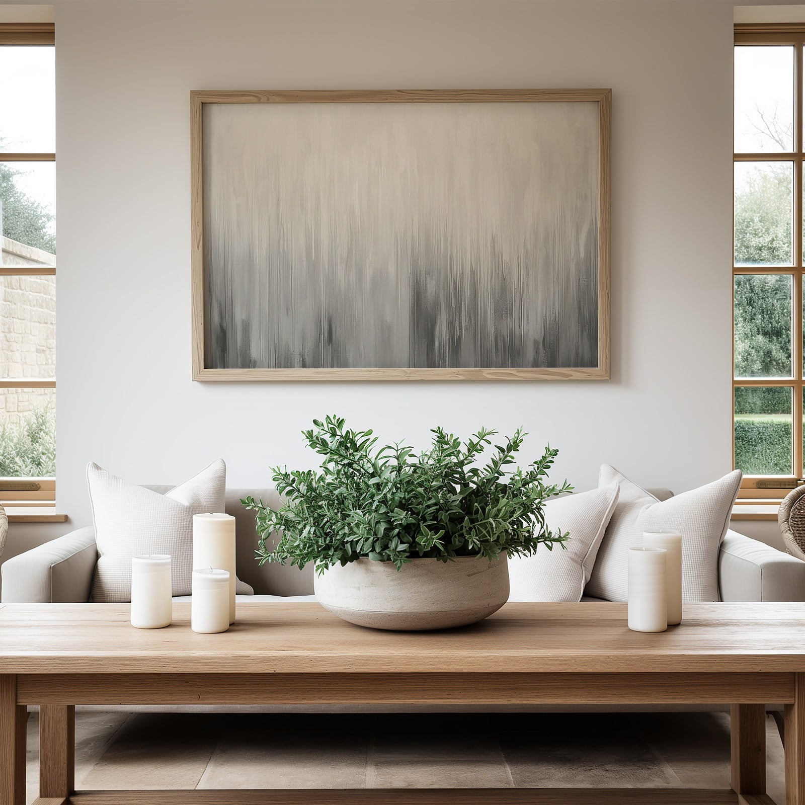 Neutral abstract printable wall art with soft gray vertical brushstrokes, creating a calming minimalist gradient, displayed in a modern cozy living room above a light wood console