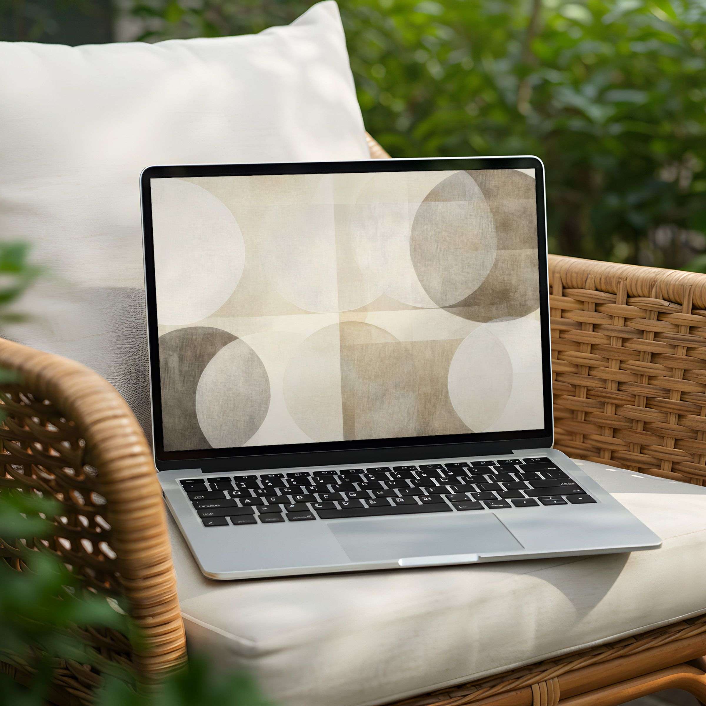 Neutral desktop wallpaper featuring a minimalist composition of layered circles in soft beige and taupe tones - perfect for creating a calm, balanced, and stylish atmosphere on your screen