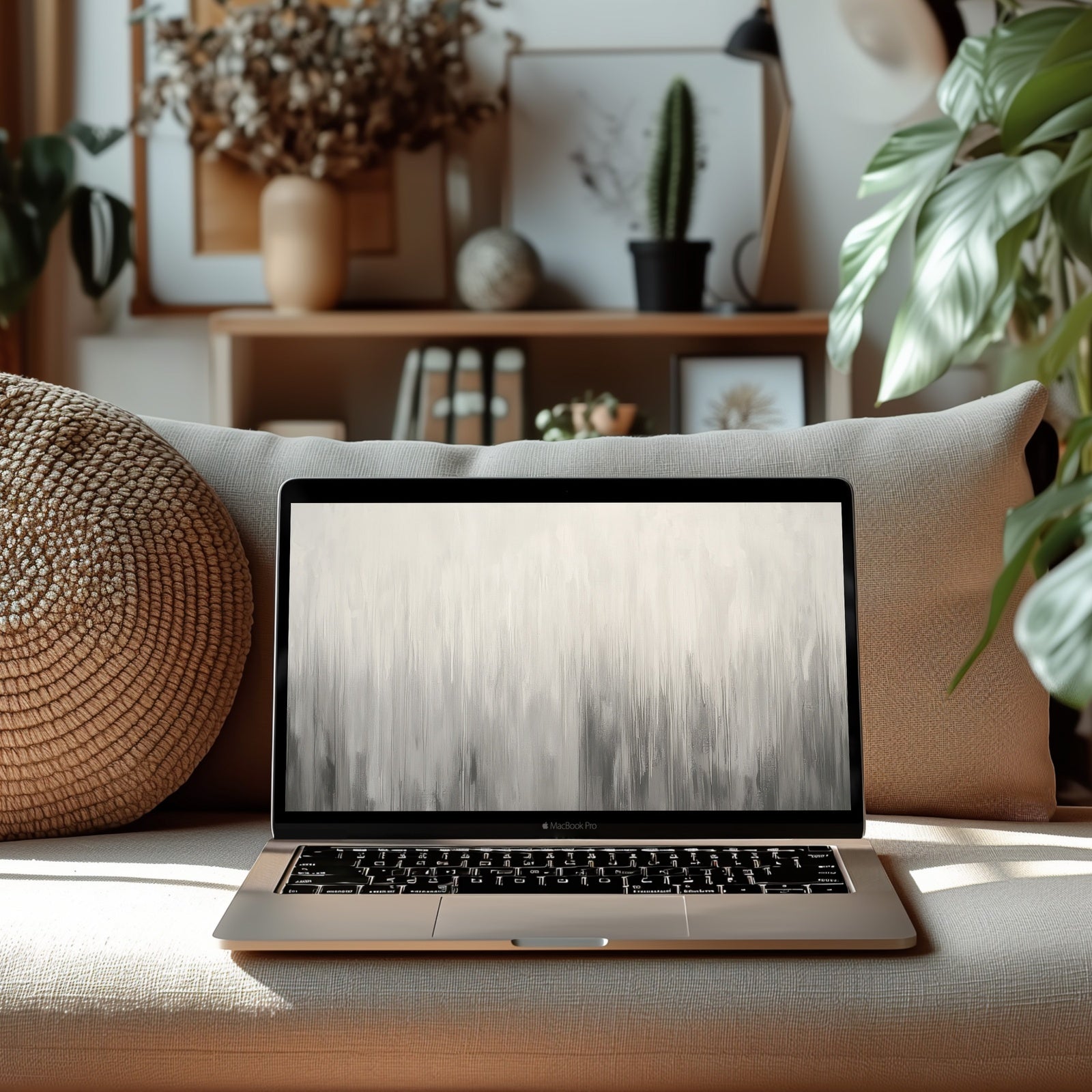 Neutral desktop wallpaper featuring a minimalist abstract design in soft gray and white tones, displayed on a MacBook Pro in a cozy modern living room - perfect for creating a calm and elegant workspace