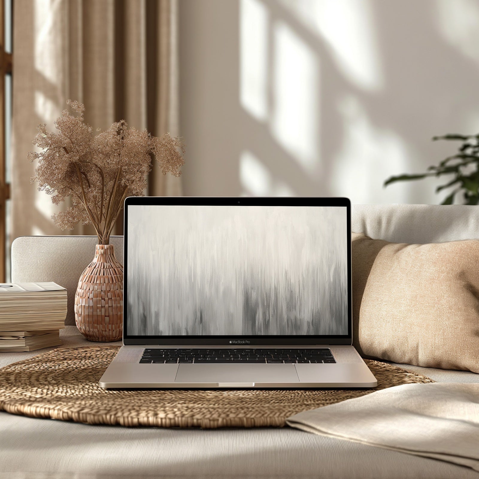 Neutral desktop wallpaper with soft gray and beige brushstrokes - a calming abstract digital art design that brings minimal elegance and modern serenity to your workspace
