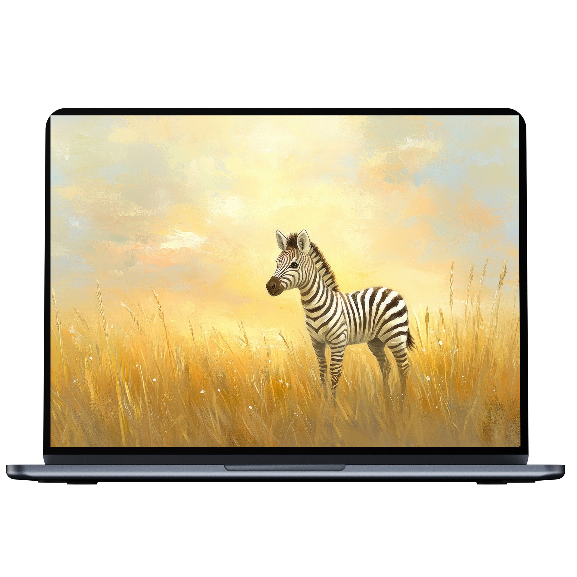 Calm nursery desktop wallpaper featuring a serene zebra in golden fields, ideal digital download for PC and laptop elegance