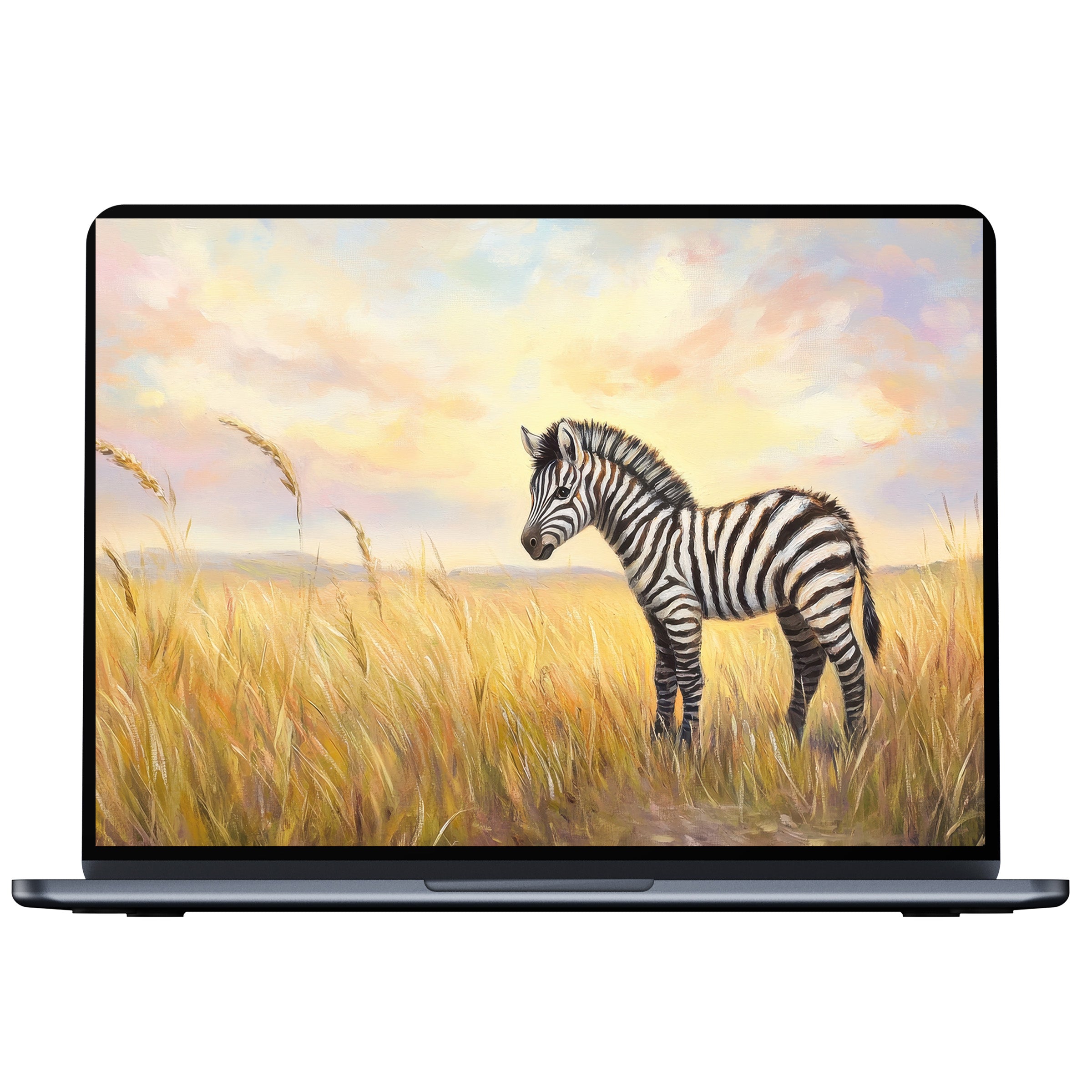Serene nursery desktop wallpaper featuring a zebra in a golden field under pastel skies digital download for PC and Laptop users