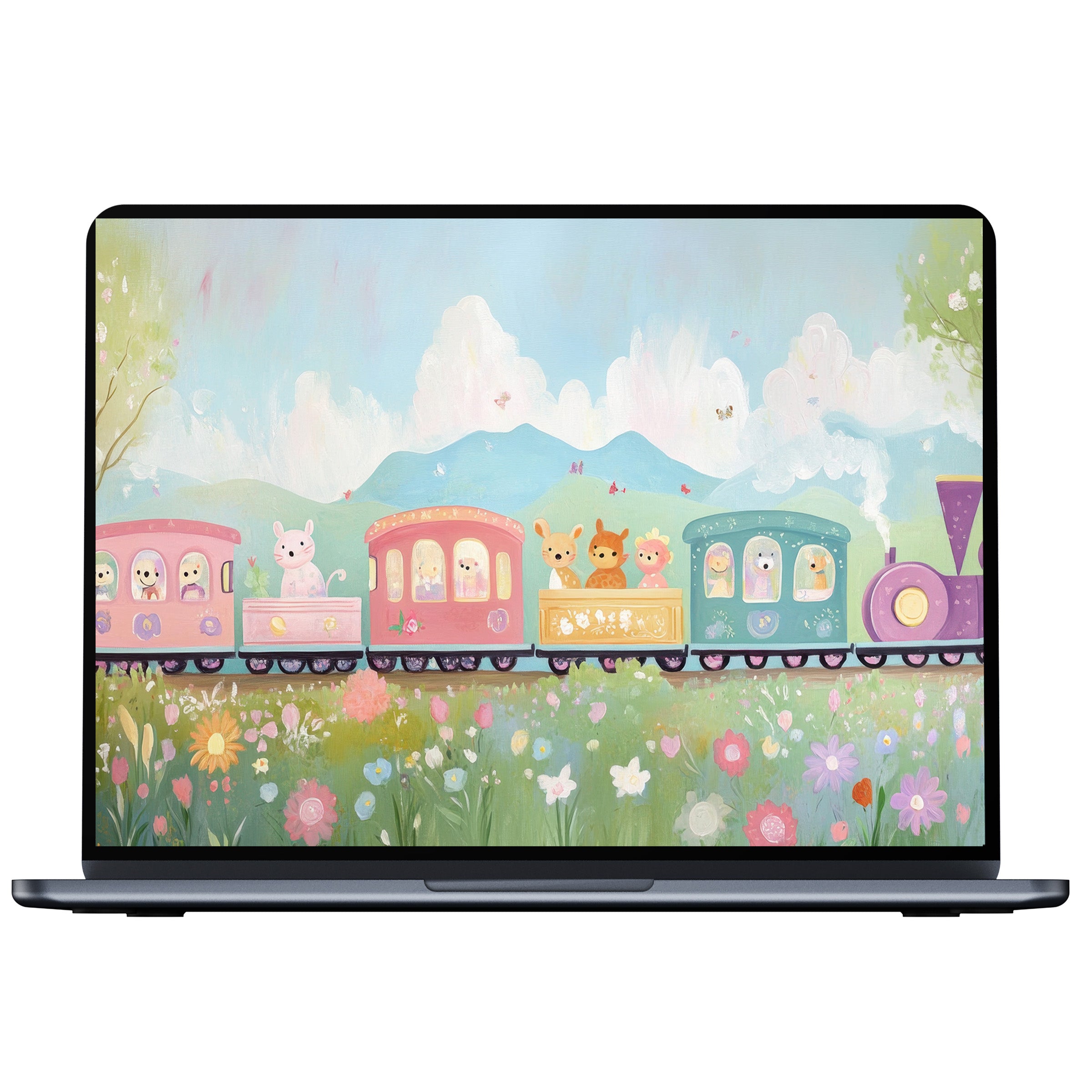 Charming nursery desktop wallpaper with pastel trains, whimsical animals, and floral fields as a digital download for PC or laptop