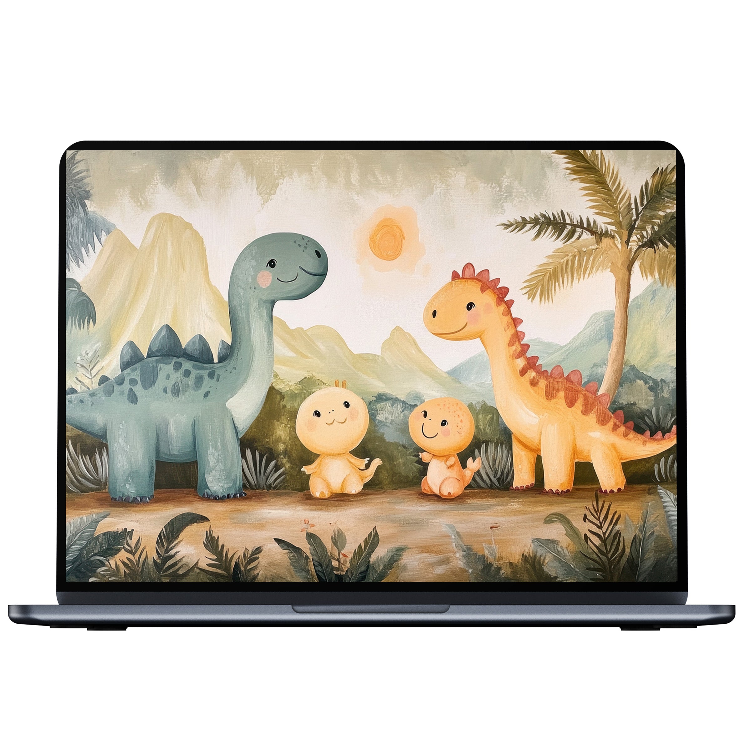 Charming nursery desktop wallpaper featuring playful pastel dinosaurs in a serene landscape digital download for PC, Laptop, Mac