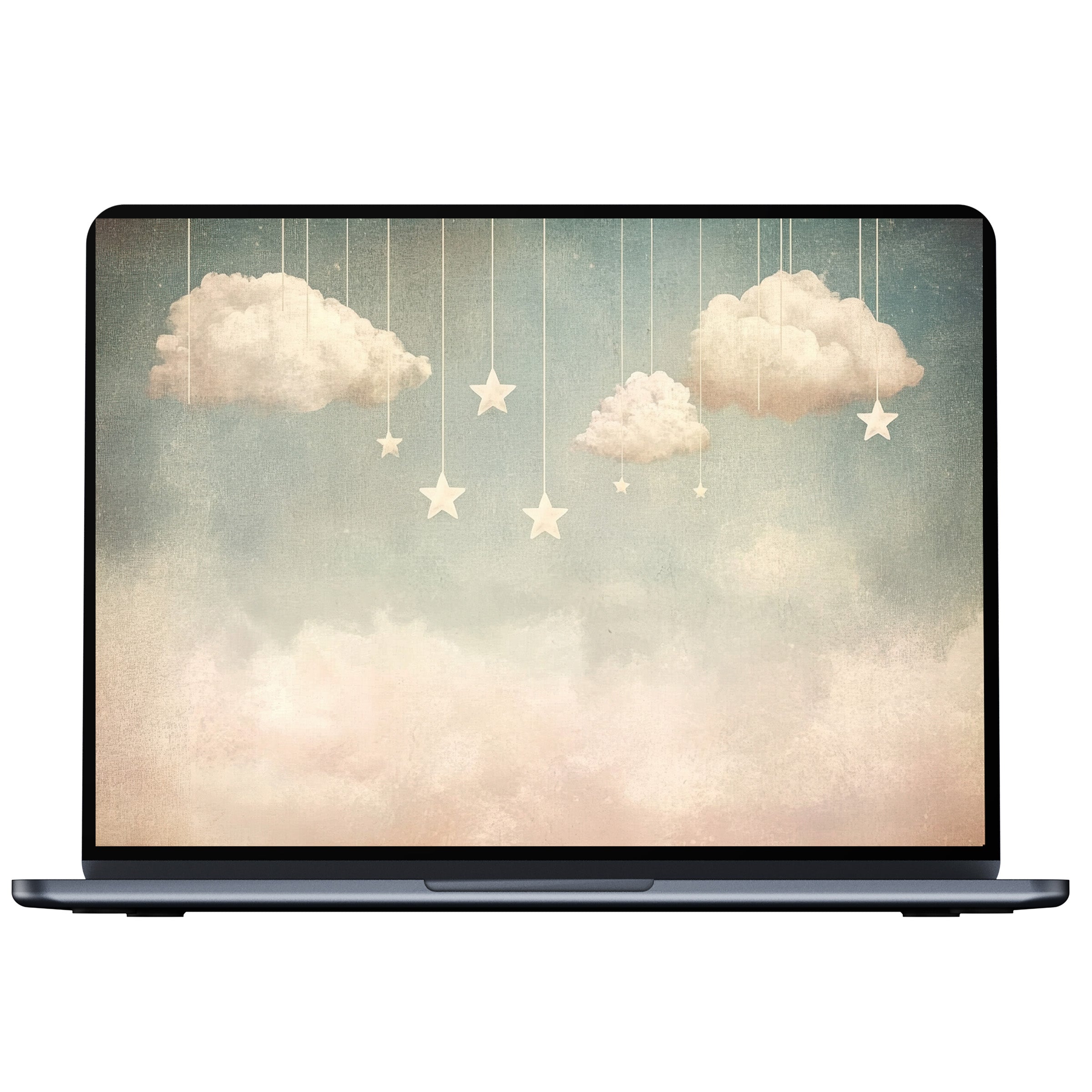 Digital download of a serene nursery desktop wallpaper featuring dreamy clouds and stars, perfect for PC, laptop, or Mac users