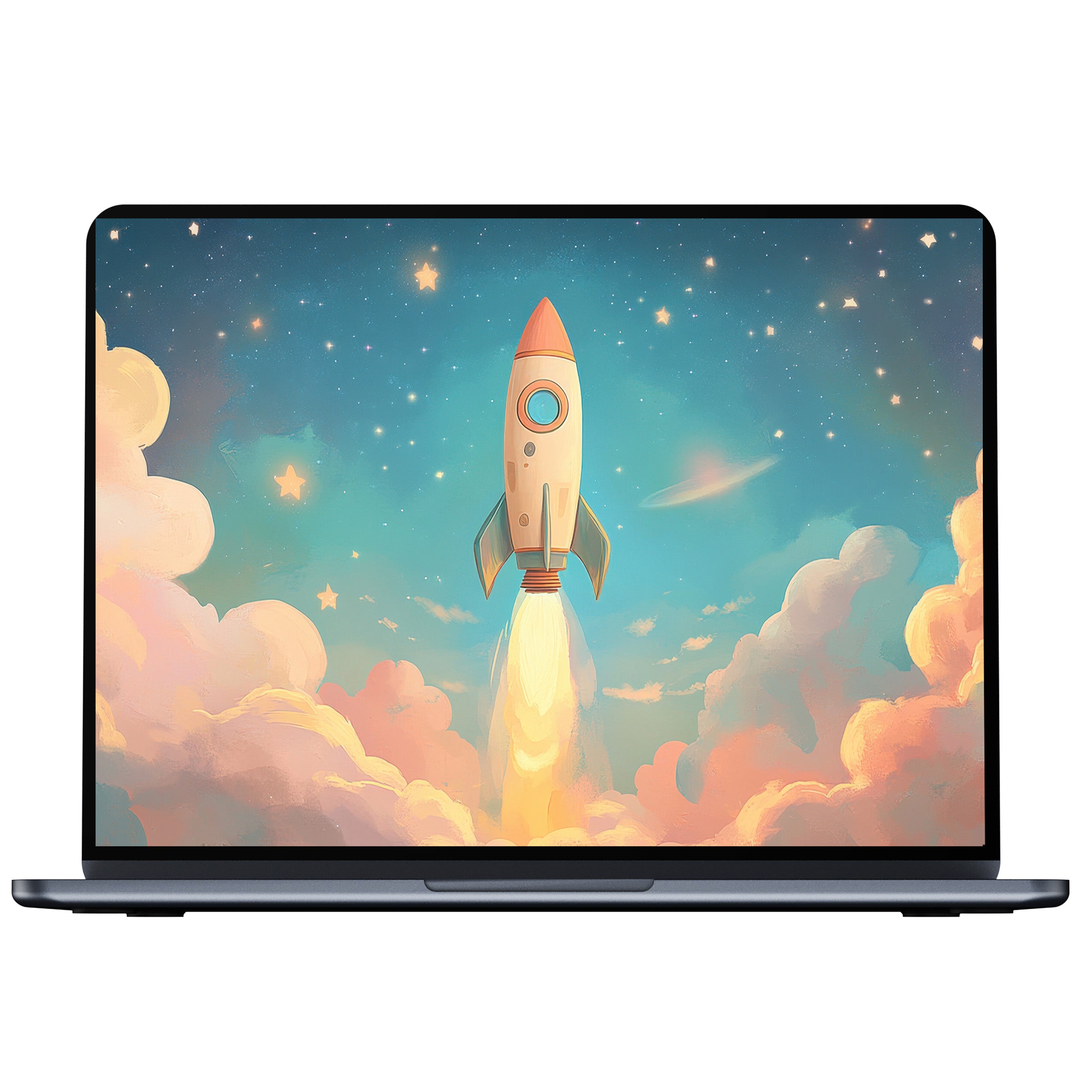 Rocket launch in pastel sky nursery desktop wallpaper digital download inspires calm on PC laptop or Mac backgrounds