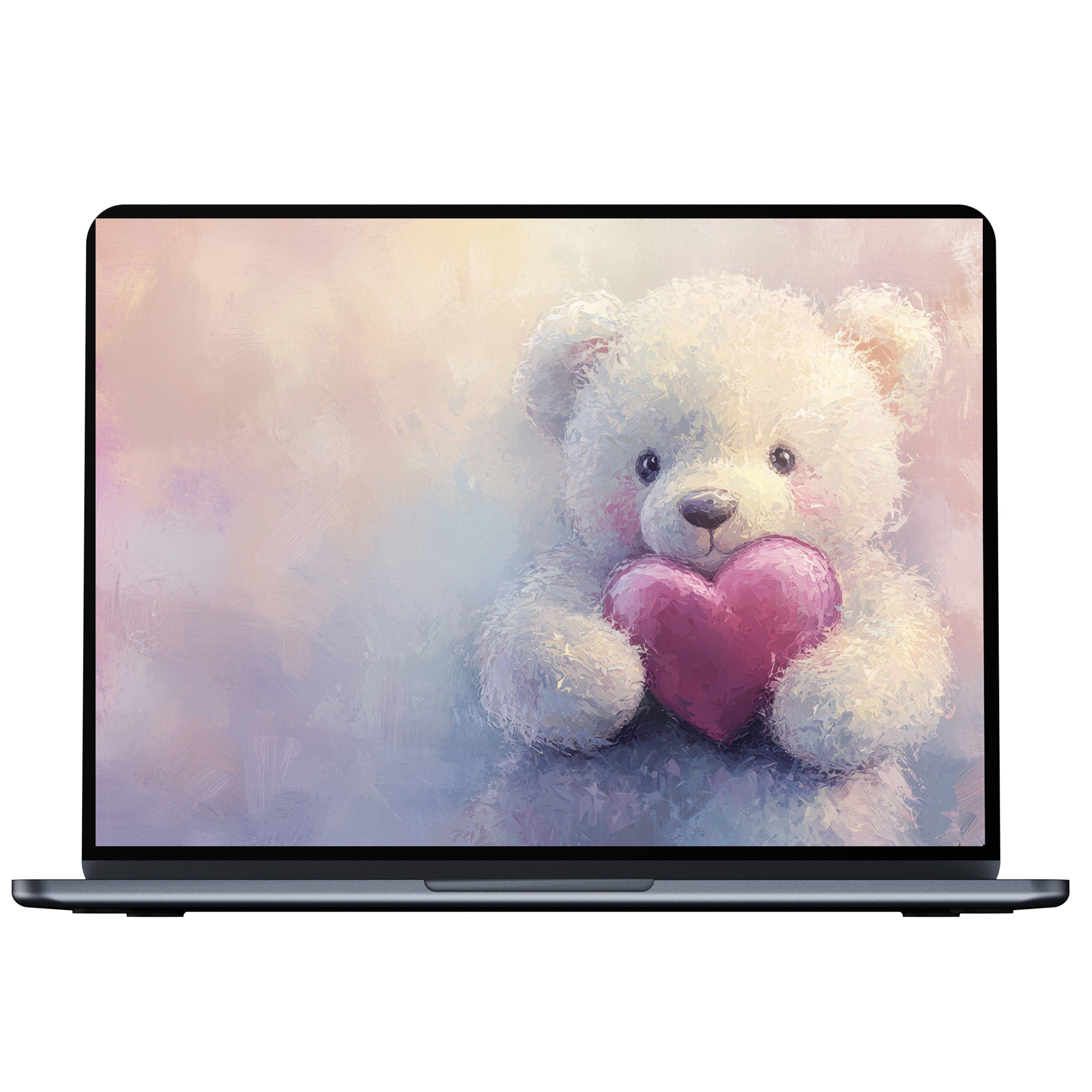 Nursery desktop wallpaper featuring a fluffy bear with a pink heart offers digital download for PC and laptop creating tranquility
