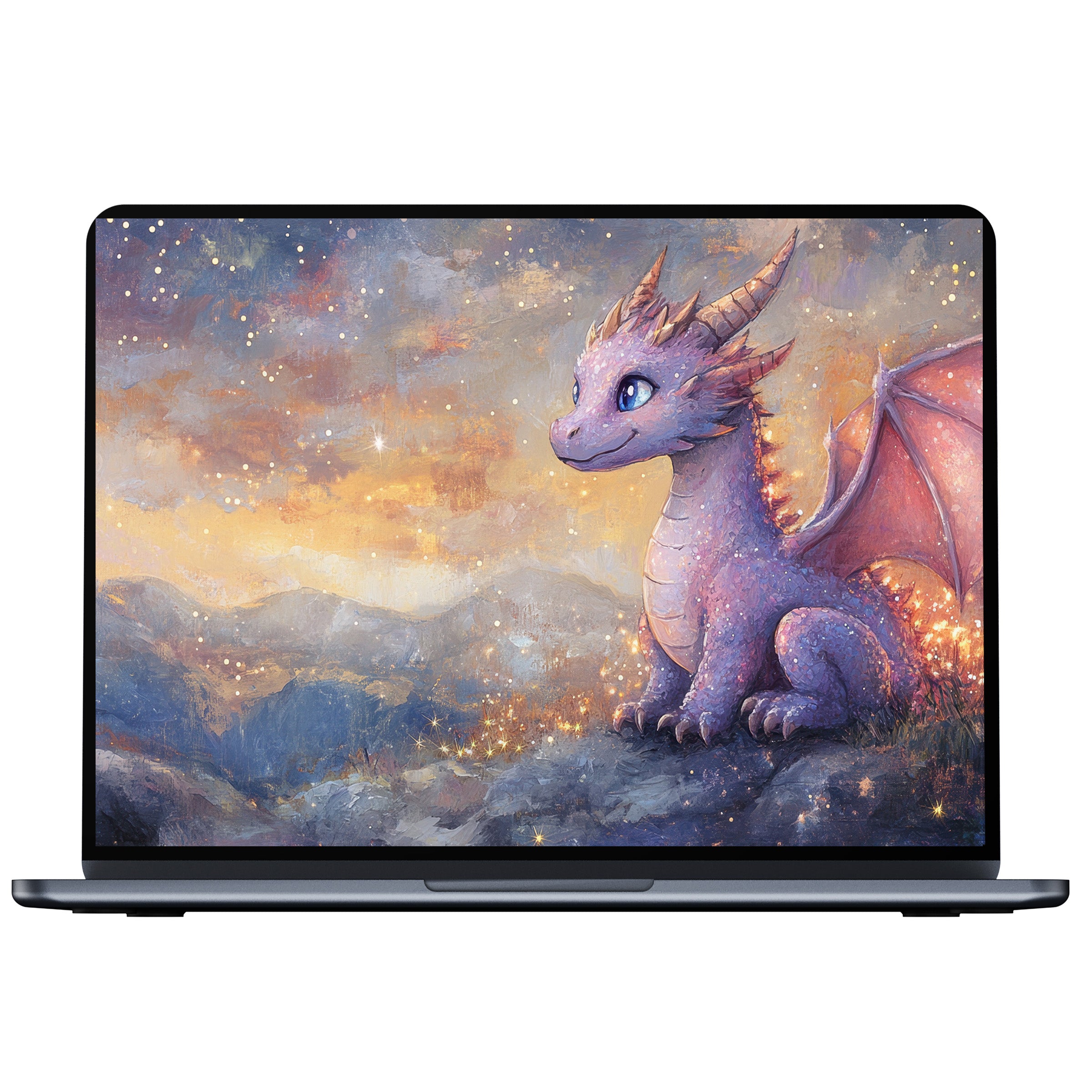 Enchanting nursery desktop wallpaper featuring a whimsical dragon in pastel hues, perfect digital download for PC and laptop users