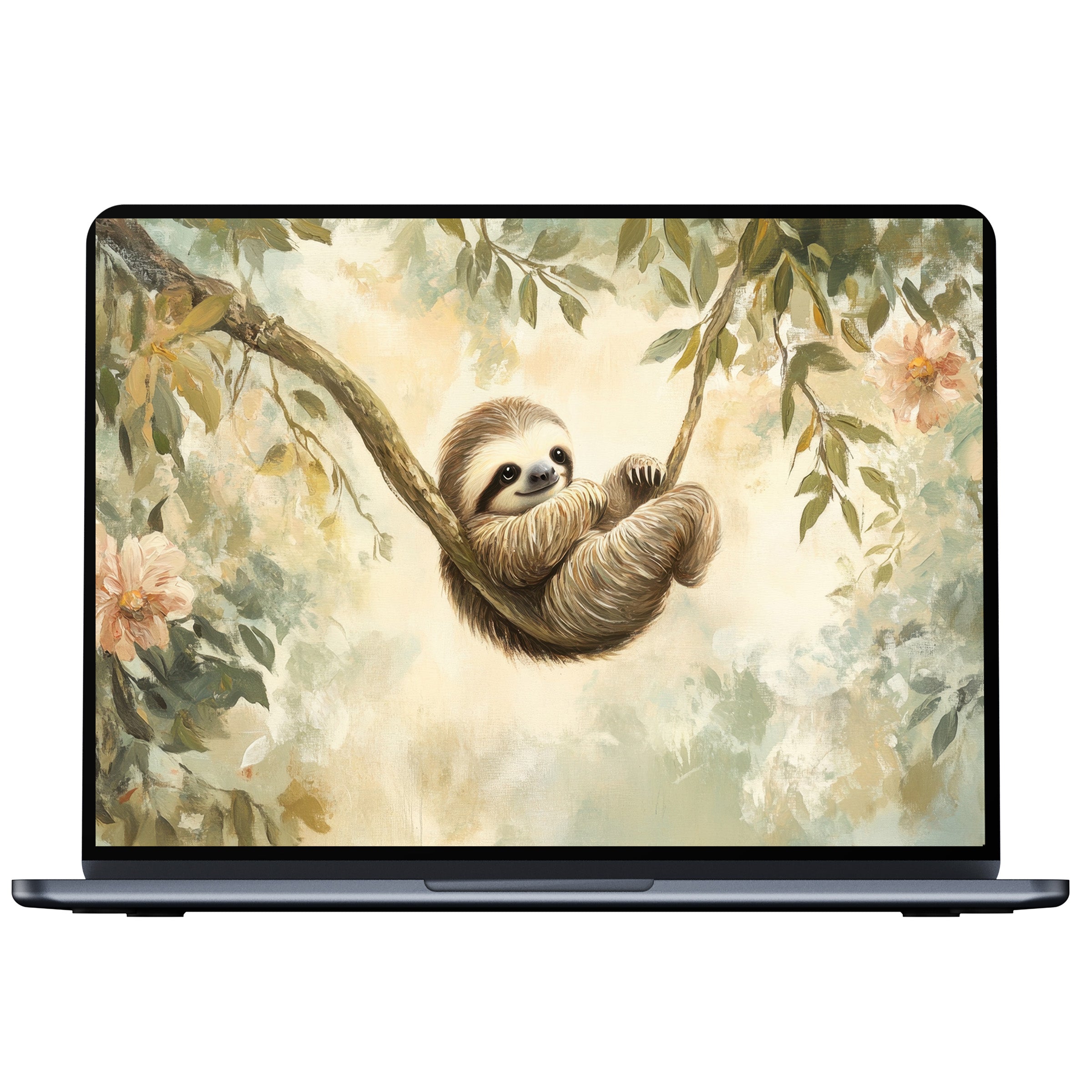Gentle sloth on a branch nursery desktop wallpaper; a serene digital download for PC, laptop, or Mac enhancing mindfulness