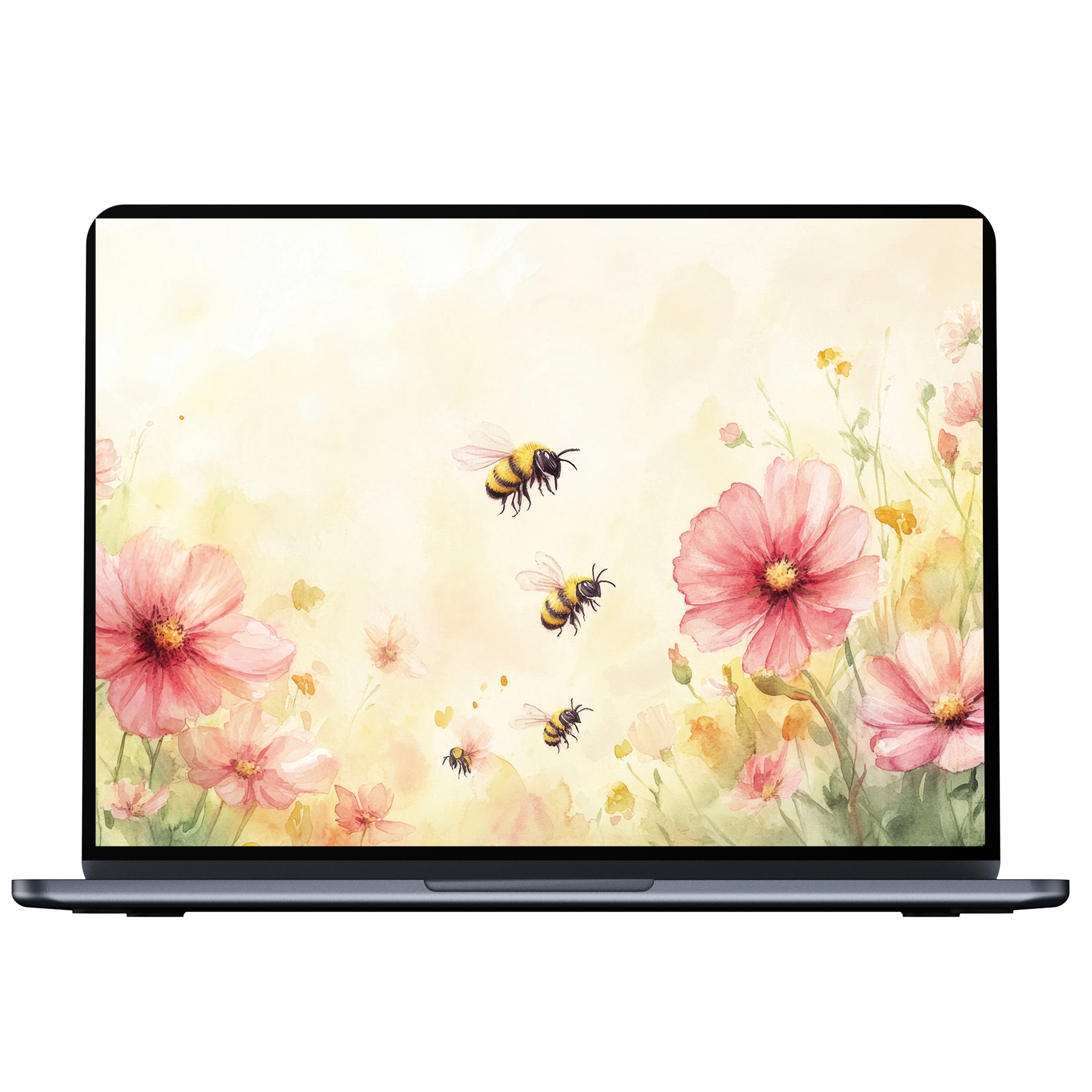 Nursery desktop wallpaper with watercolor bees and pink flowers offers digital download for elegant pc or laptop screens