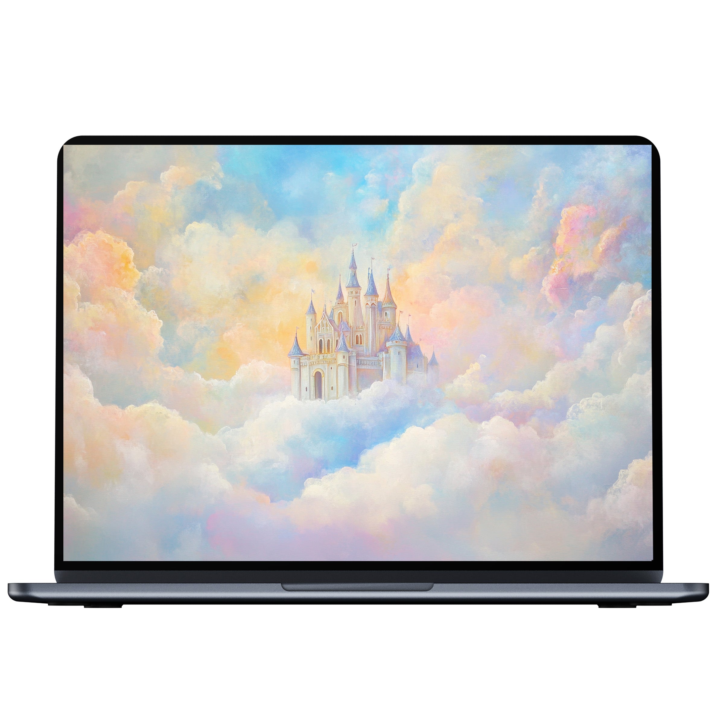 Ethereal nursery desktop wallpaper featuring a dreamy castle in pastel clouds for digital download, perfect for PC, Laptop, Mac use