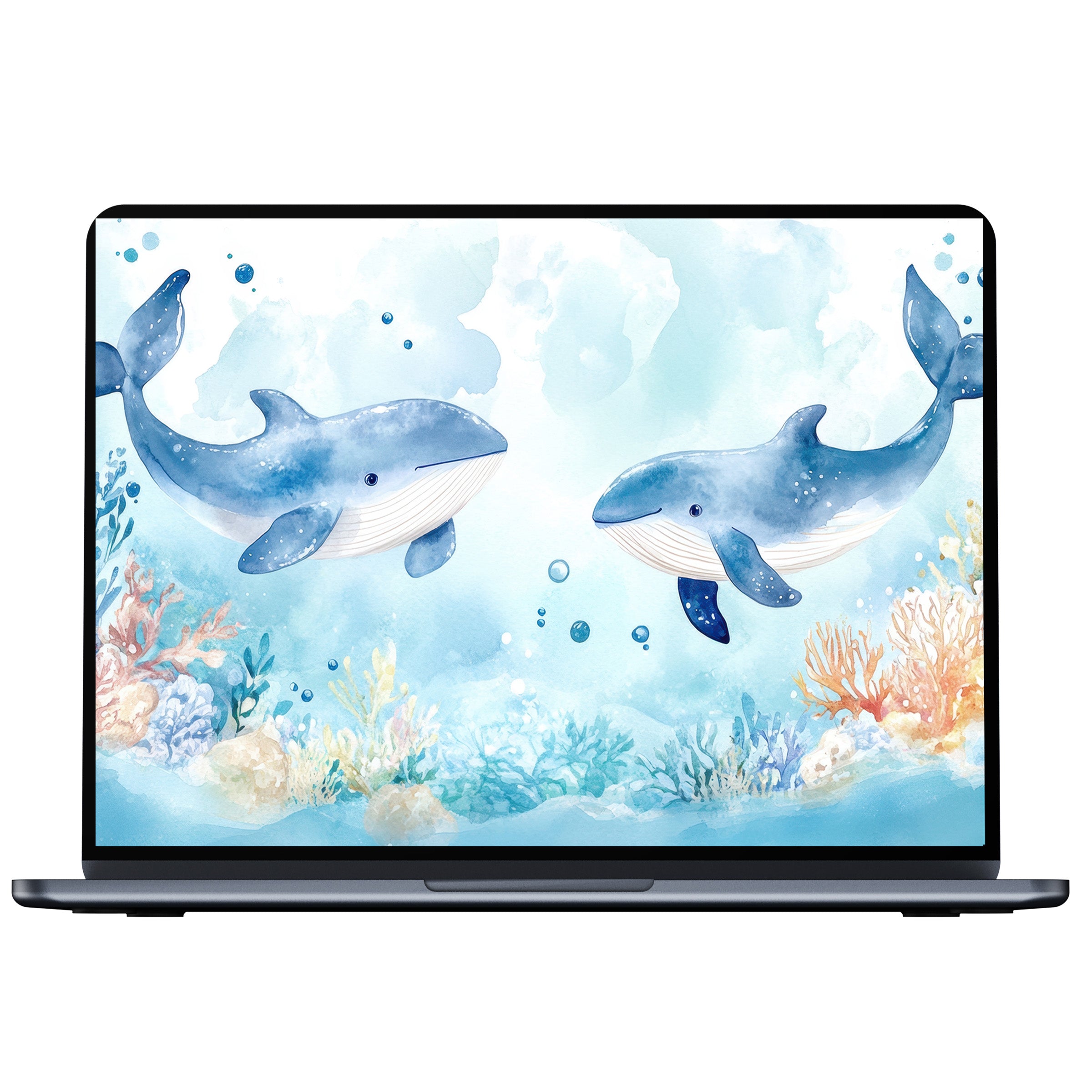 Serene nursery desktop wallpaper featuring watercolor whales and coral, perfect digital download for PC or laptop users seeking elegance