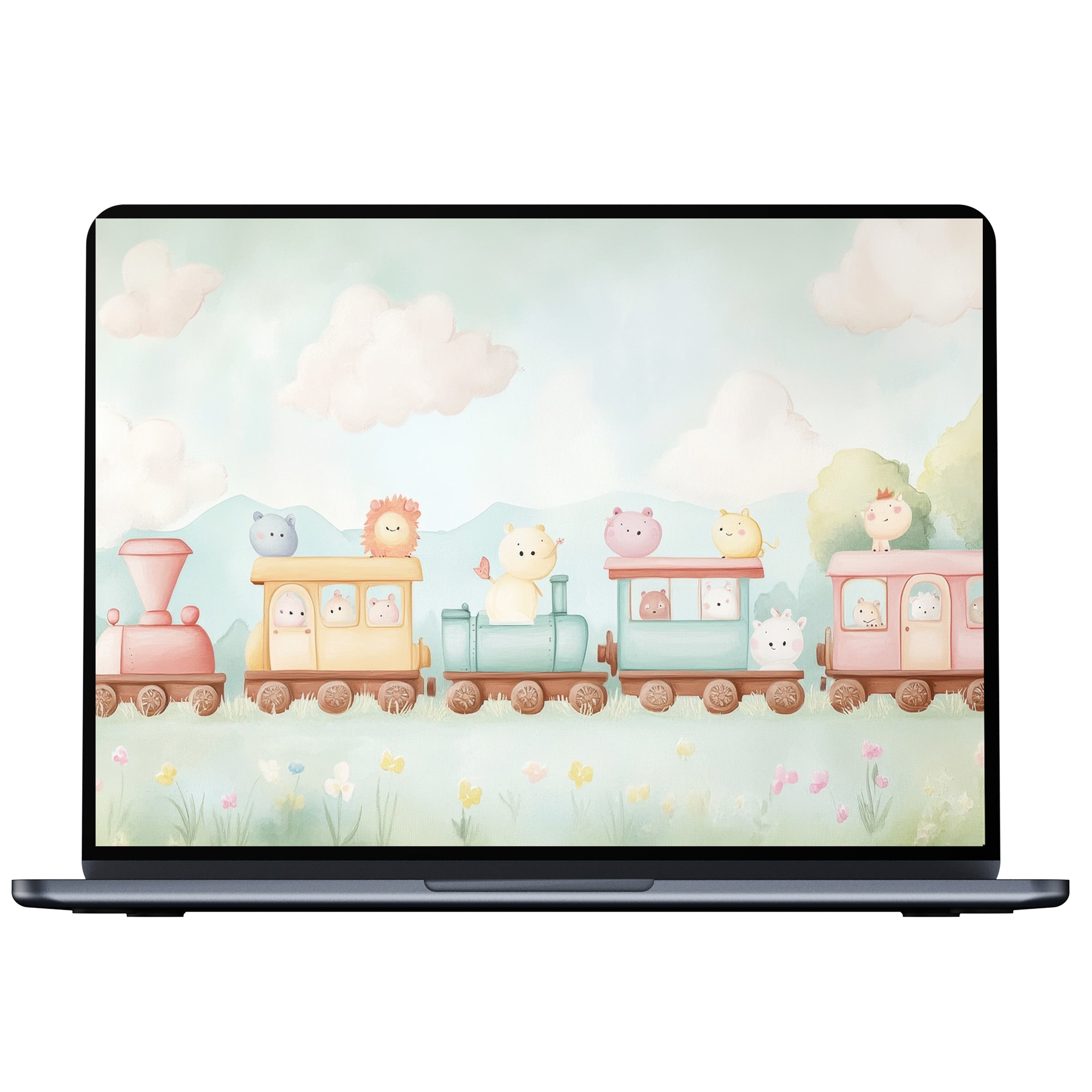 Nursery desktop wallpaper with pastel train and animals offers a serene digital download for PC and laptop, inspiring calm and elegance