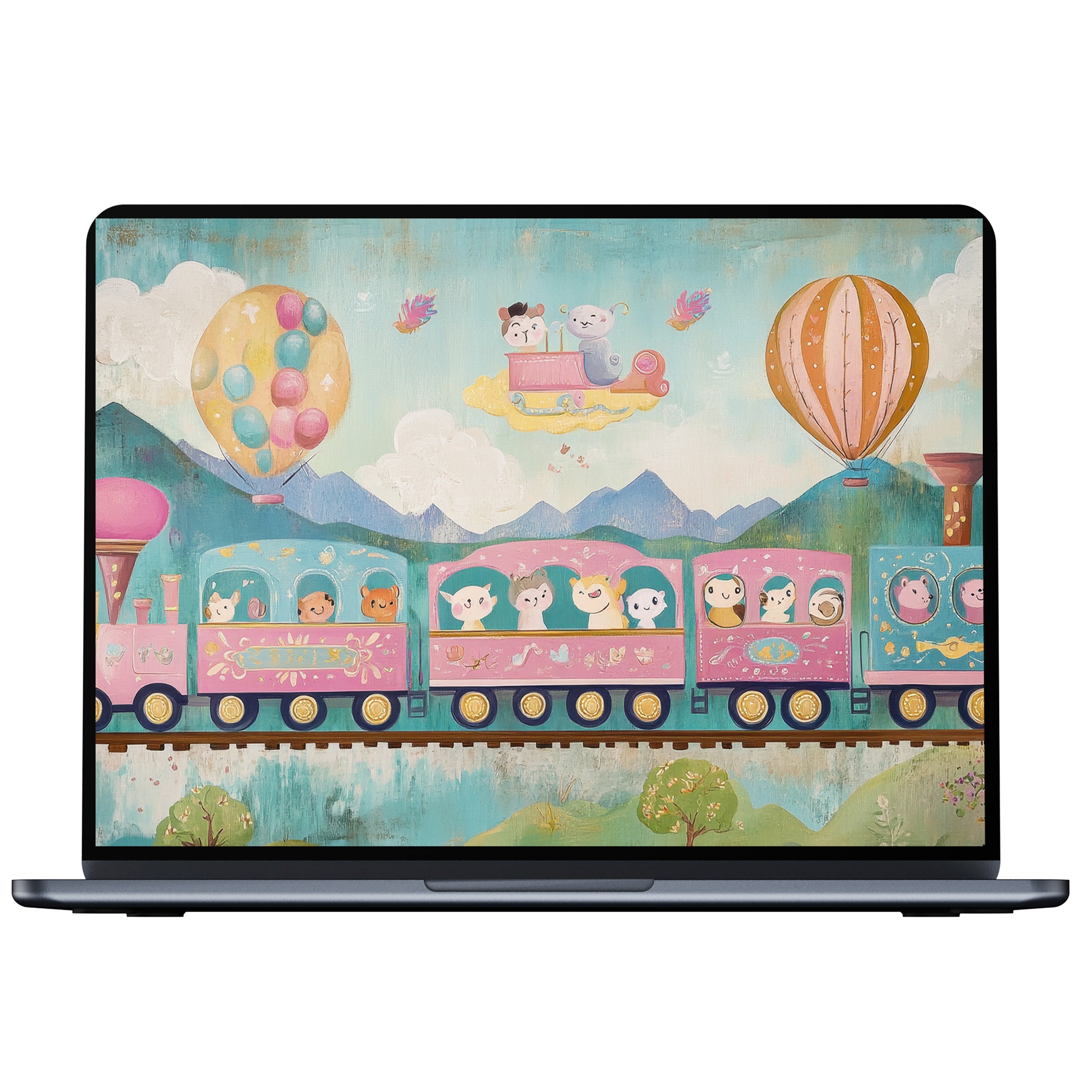 Nursery desktop wallpaper with pastel skies and cartoon train offers a calming digital download for PC and laptop elegance