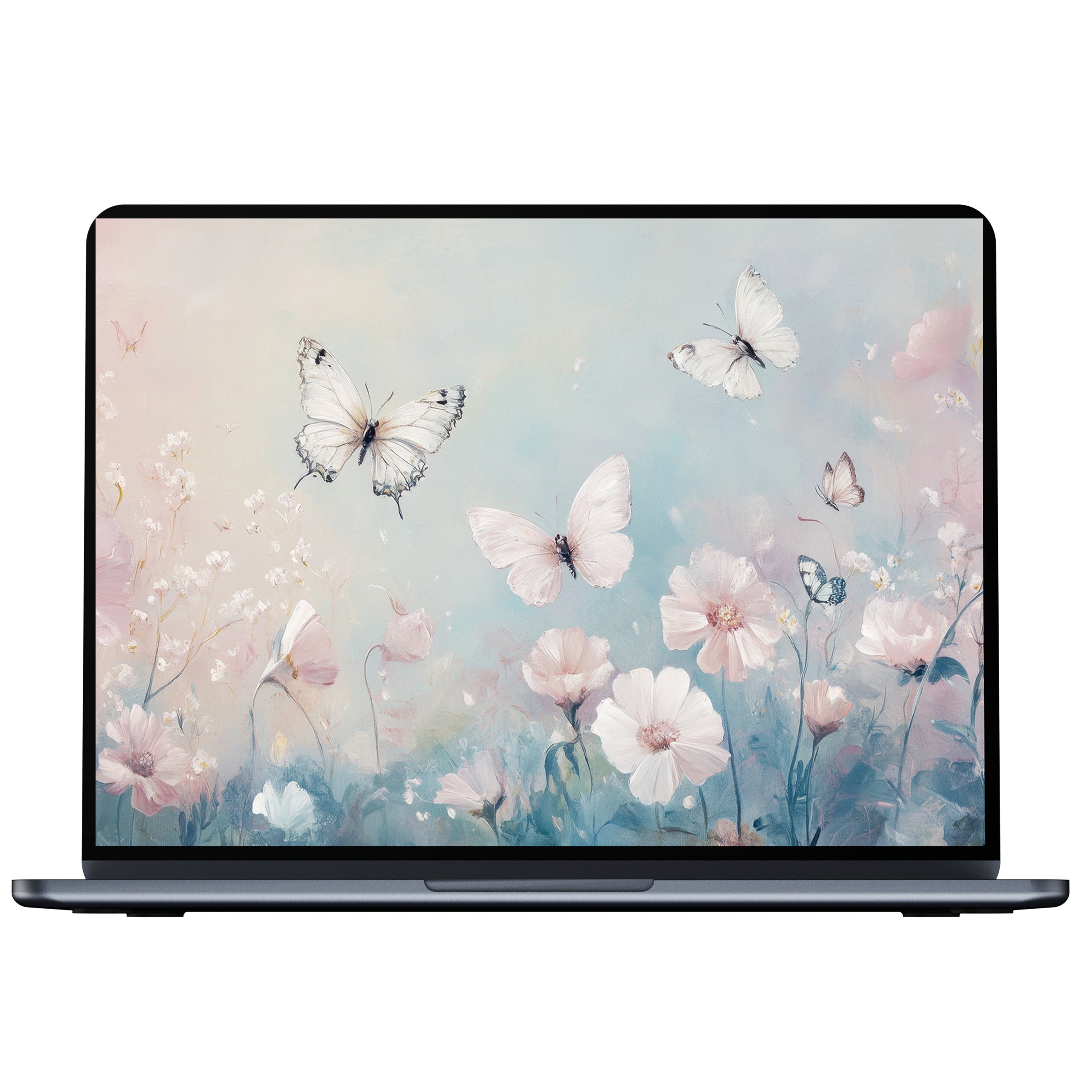 Elegant nursery desktop wallpaper digital download for PC and laptop featuring soft pastel butterflies and flowers offering calm and inspiration