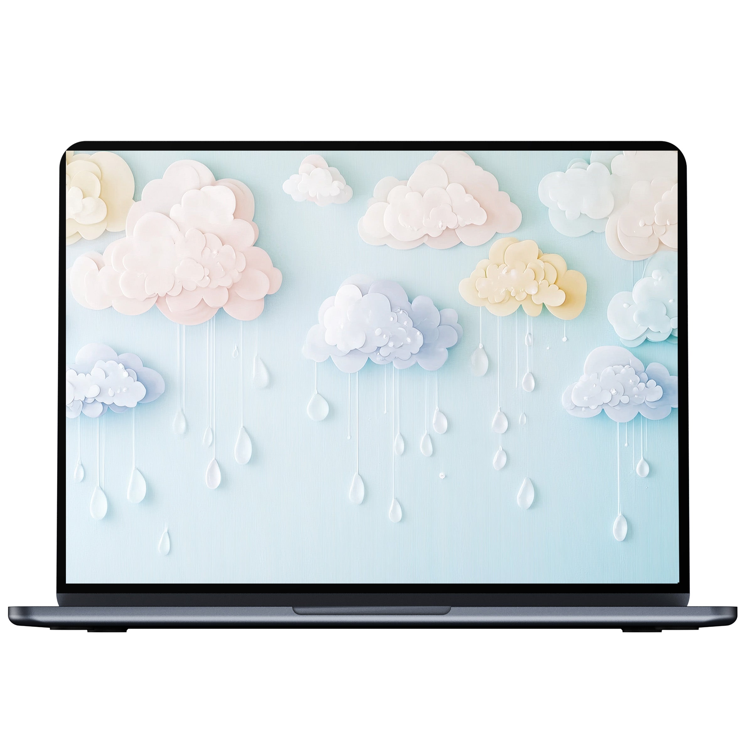 Serene nursery desktop wallpaper with pastel clouds and raindrops, perfect digital download for PC, laptop, or Mac users seeking calm
