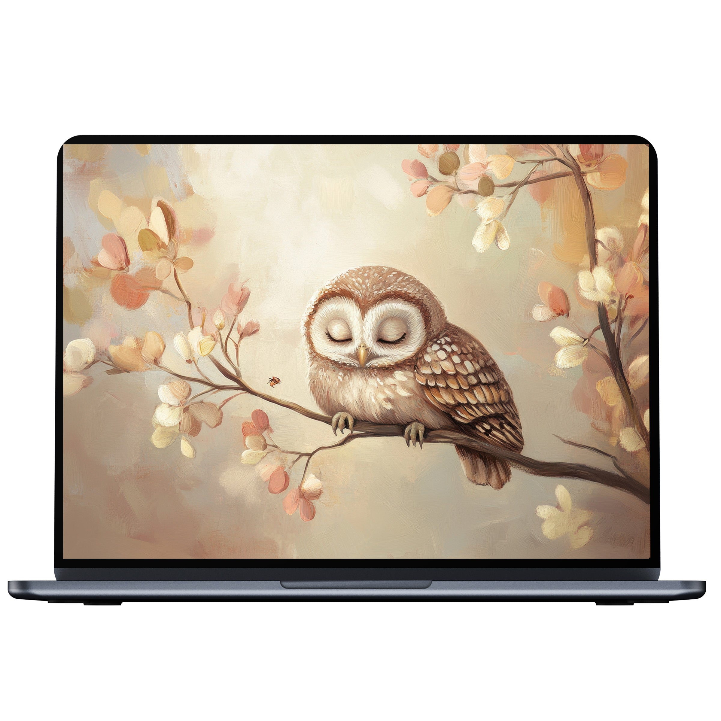 Serene nursery desktop wallpaper featuring a soft-hued owl on a branch, ideal digital download for PC and laptop users seeking tranquility