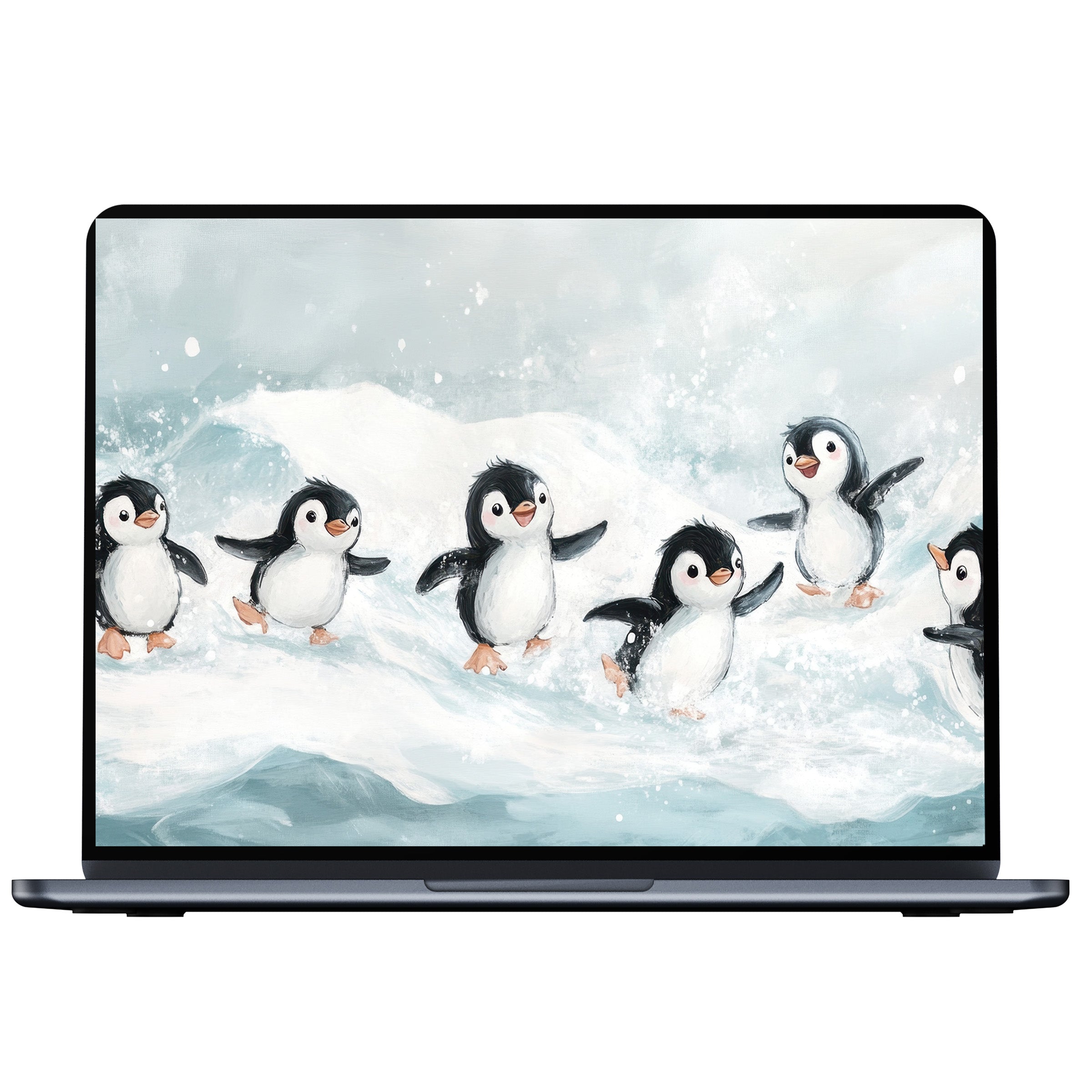 Charming nursery desktop wallpaper featuring playful penguins on icy waves, ideal digital download for PC or laptop elegance