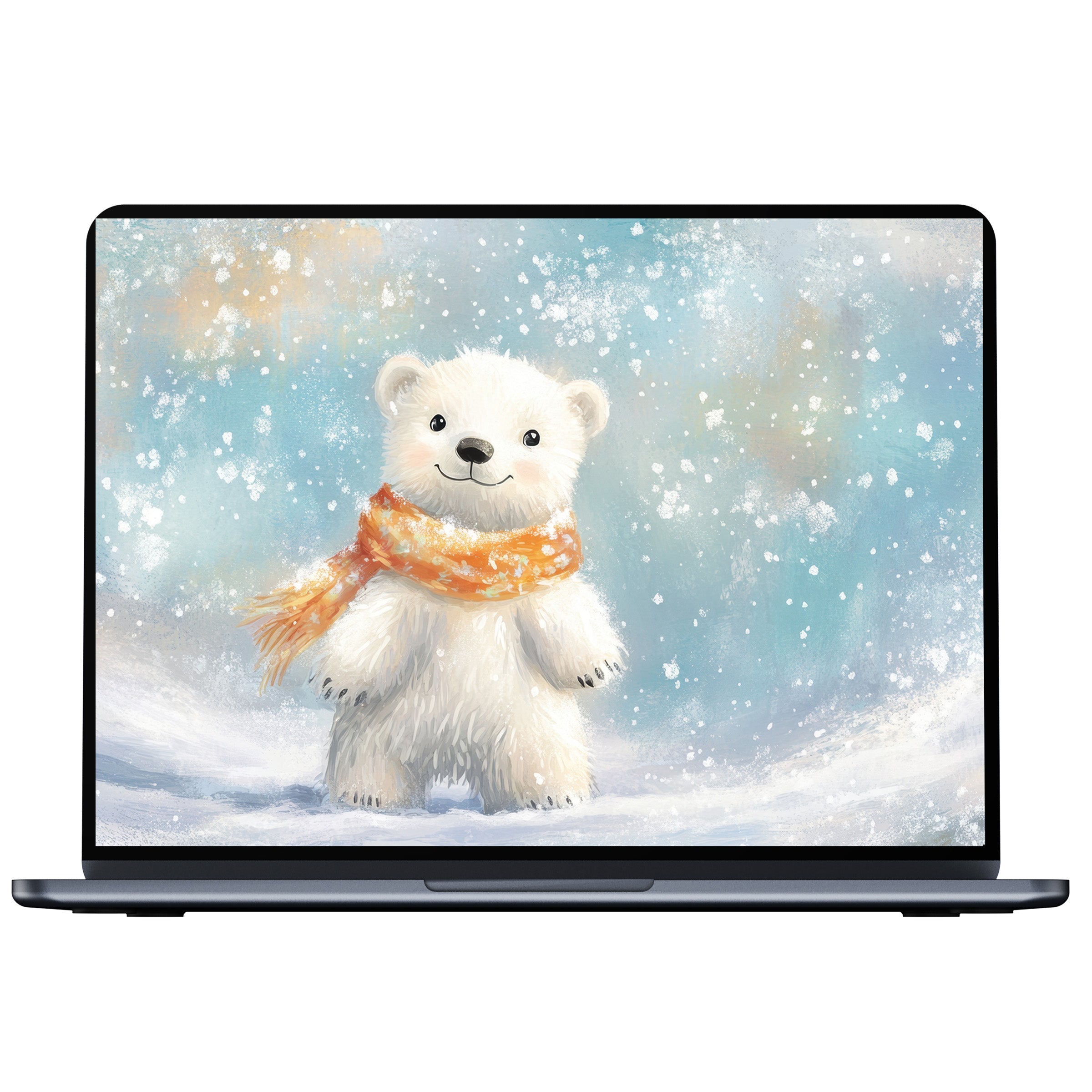 Charming nursery desktop wallpaper digital download featuring a cozy polar bear in snow for PC, Laptop creating calm elegance