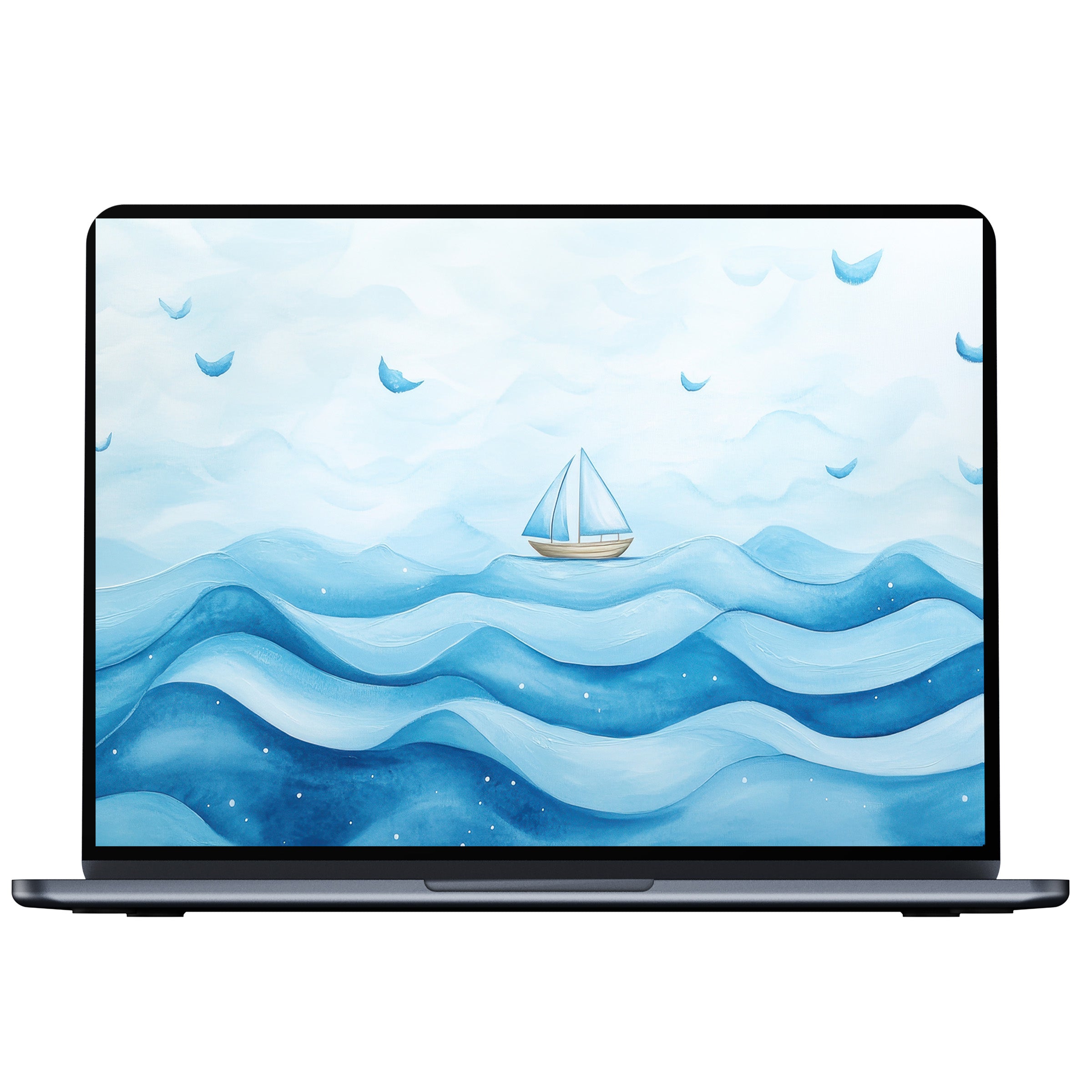 Elegant nursery desktop wallpaper in serene blue waves with a sailboat inspires calm and fits PC, laptop, Mac digital download