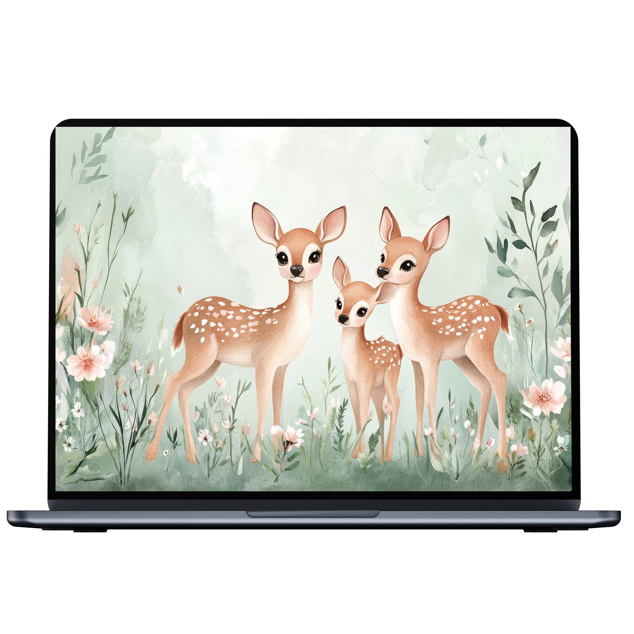 Charming nursery desktop wallpaper featuring serene deer among soft pastels and florals, perfect digital download for PC and laptop use