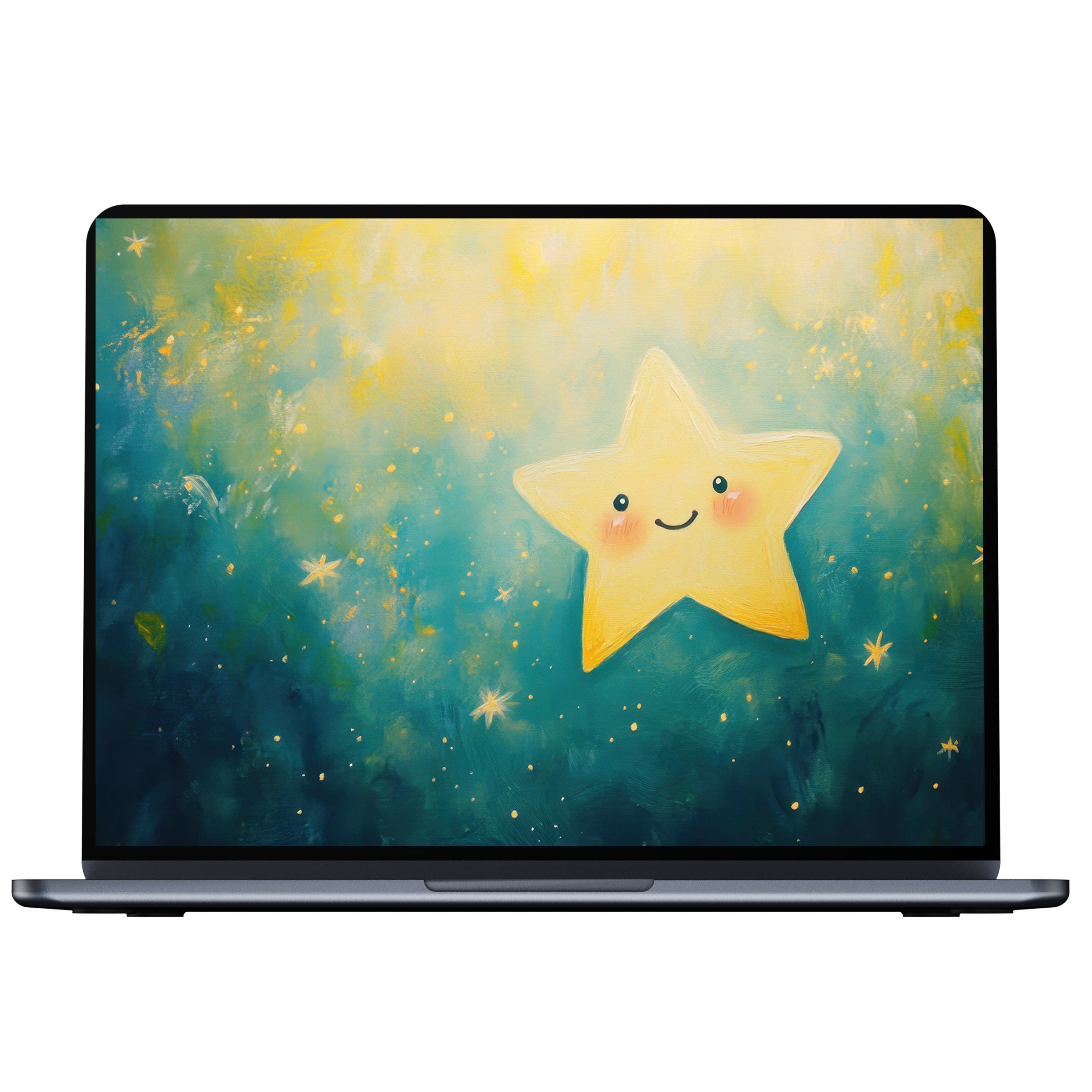 Radiate calm with this nursery desktop wallpaper featuring a smiling star against a teal night sky for PC or laptop digital download