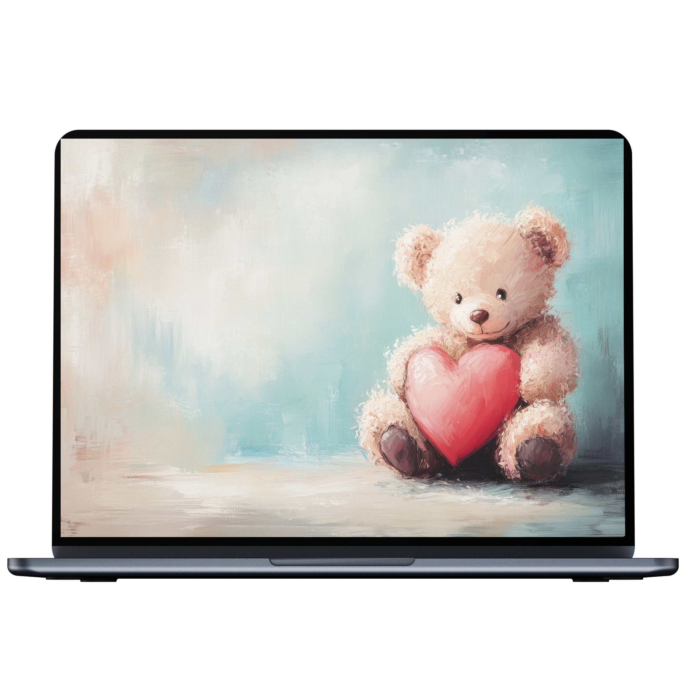 Nursery desktop wallpaper with a cute teddy bear holding a heart on a pastel background digital download for PC or laptop screen