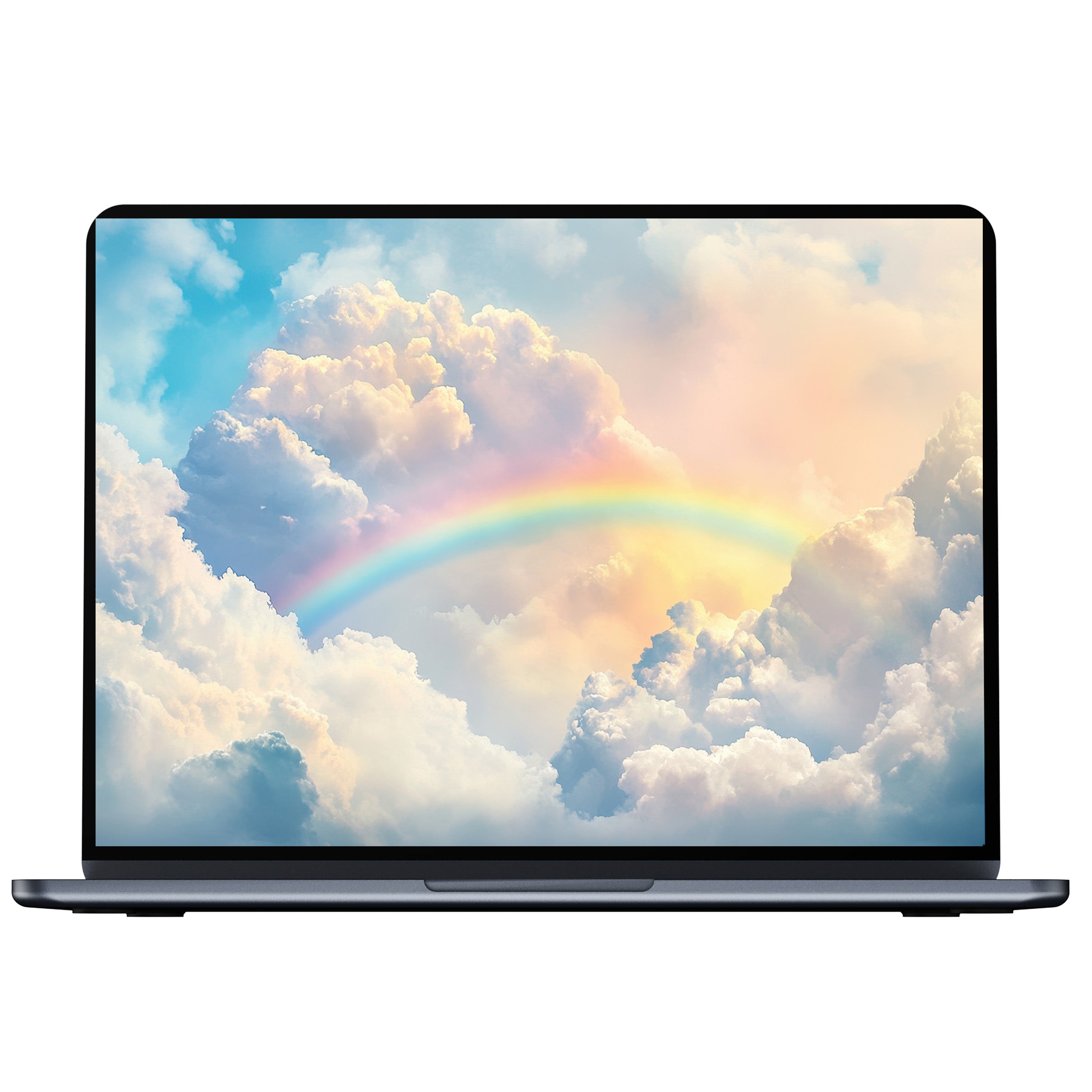 Elegant nursery desktop wallpaper features a serene pastel cloudscape with a rainbow, perfect digital download for PC and laptop displays